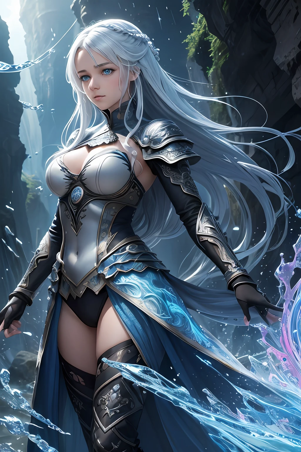HDR10, Absurdness, full body, fractal art, hdr, (soft light, sharp:1.2), beautiful girl, ultra detailed blue eyes, entirely paint, splat, splash, long colored hair, ultra detailed texture, Water drops, outdoors, Vivid colors, Game of Thrones, Tai Chi, teen, (masterpiece, top quality, official art, beautiful and aesthetic:1.2), (1girl:1.2), cute, extreme detailed, (abstract:1.4, fractal art:1.3), (silver_hair:1.1), blue eyes, fate \(series\), colorful, highest detailed, (splash_art:1.2), best photo shot, realistic, full body, (hyperdetailed:1.15), from below, Conceptual art, glowing light, 16k, UHD, (Masterpiece:1.5), (best quality:1.5),textured skin, anatomically correct, 8k,beach