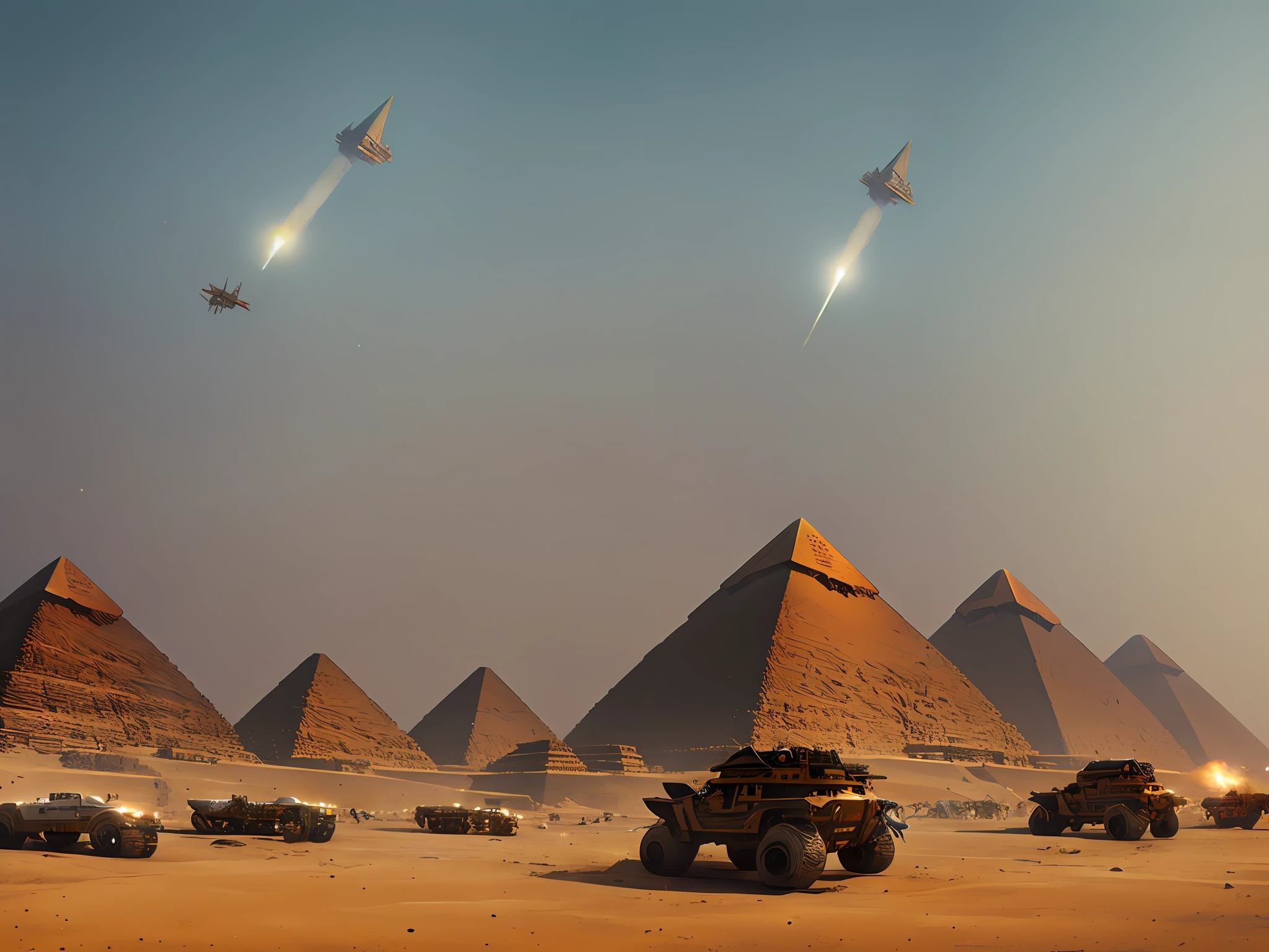 Egyptian pyramids taking off with thrusters at their base,greg rutkowski