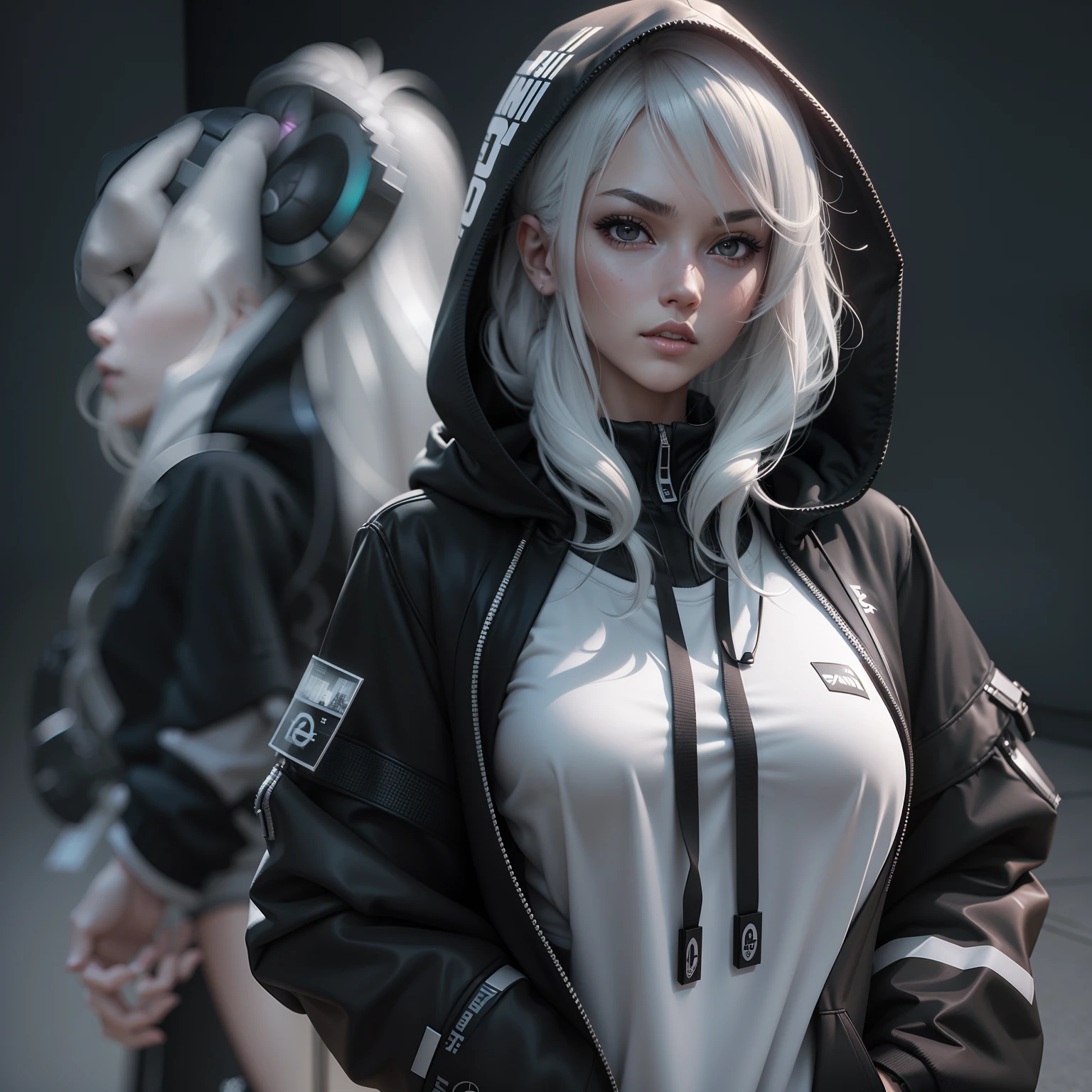 there is a woman in a black and white outfit posing, a 3D render inspired by Sakai Hōitsu, tumblr, digital art, photorealistic anime girl render, in clothes! highly detailed, cyberpunk anime girl in hoodie, realistic clothing, realistically rendered clothing, daz studio genesis iray female, iray, 3 d anime realistic