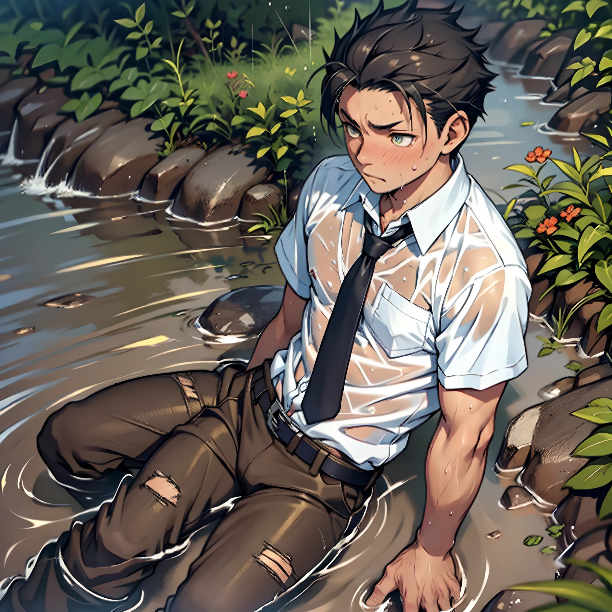 (1 Adult male),A high resolution, Sharp focus, Pixiv masterpiece, ((Complicated details)), highly detailed, natsuki_subaru, 1 man,Lying in the mud, Nervous,full bodyesbian, Golden eyes(eyes glowing), Short blue hair,white shirt,Wear a tie,Wear a belt,perspire,rain,Drenched,Sweaty crotch,Urine flows from the crotch,pissing,Pee on the legs,Urine clumsily runs down the thighs,Lie down,legs separated,Pants are wet,Wet diapers,exhilarated,is shocked,panicking,worry,A small puddle of your own urine forms under your feet