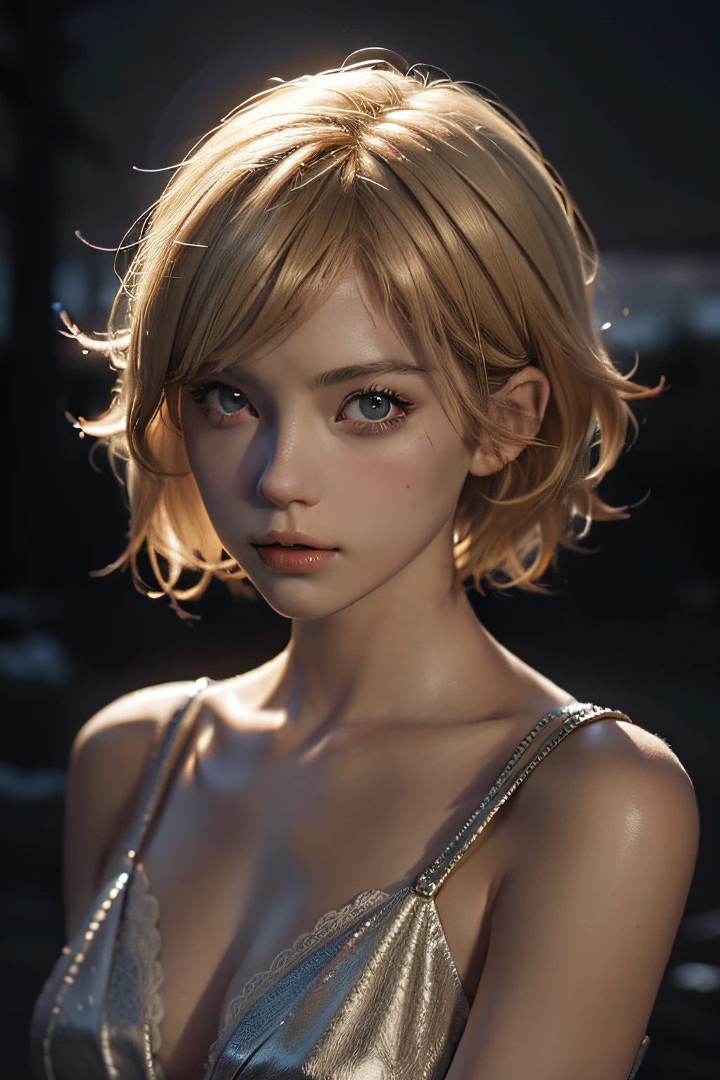 Short blonde hair,the night,A girl,deep shading,cold light,low tune,in the darkness nigth,RAW photogr,best qualtiy,tmasterpiece,Ultra-high resolution,Realistic1.5