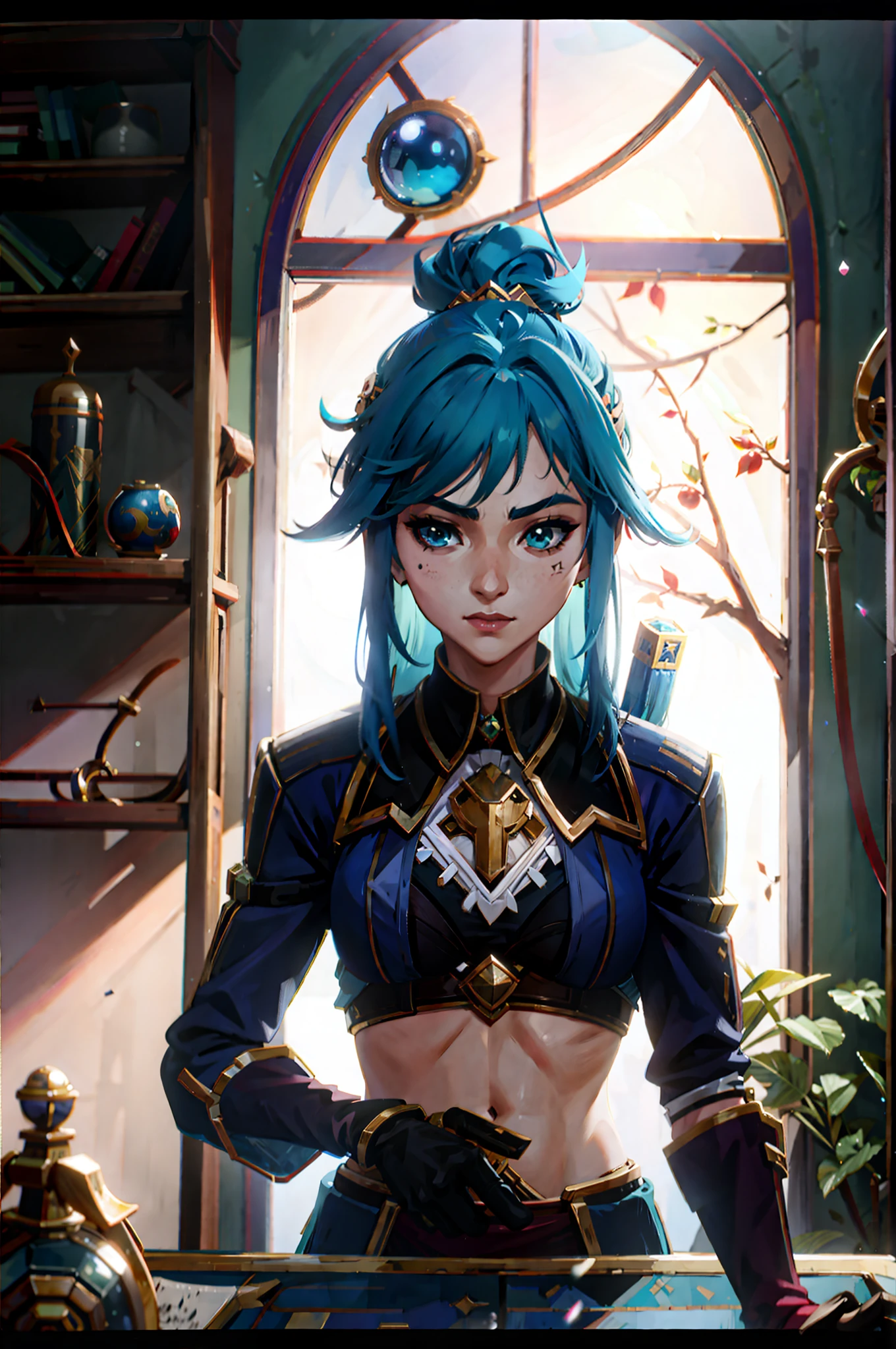 A close-up of a person in a room with a bookshelf, aqua from konosuba, Portrait Chevaliers du Zodiaque Fille, knights of zodiac girl, roguish smirk, senna from league of legends, Anime moe art style, rogue anime girl, konosuba anime style, Ashe, scales covering her chest, pharah, konosuba,Wear only a bra and a rose tattoo on the chest, B-cup and bare upper body,hand