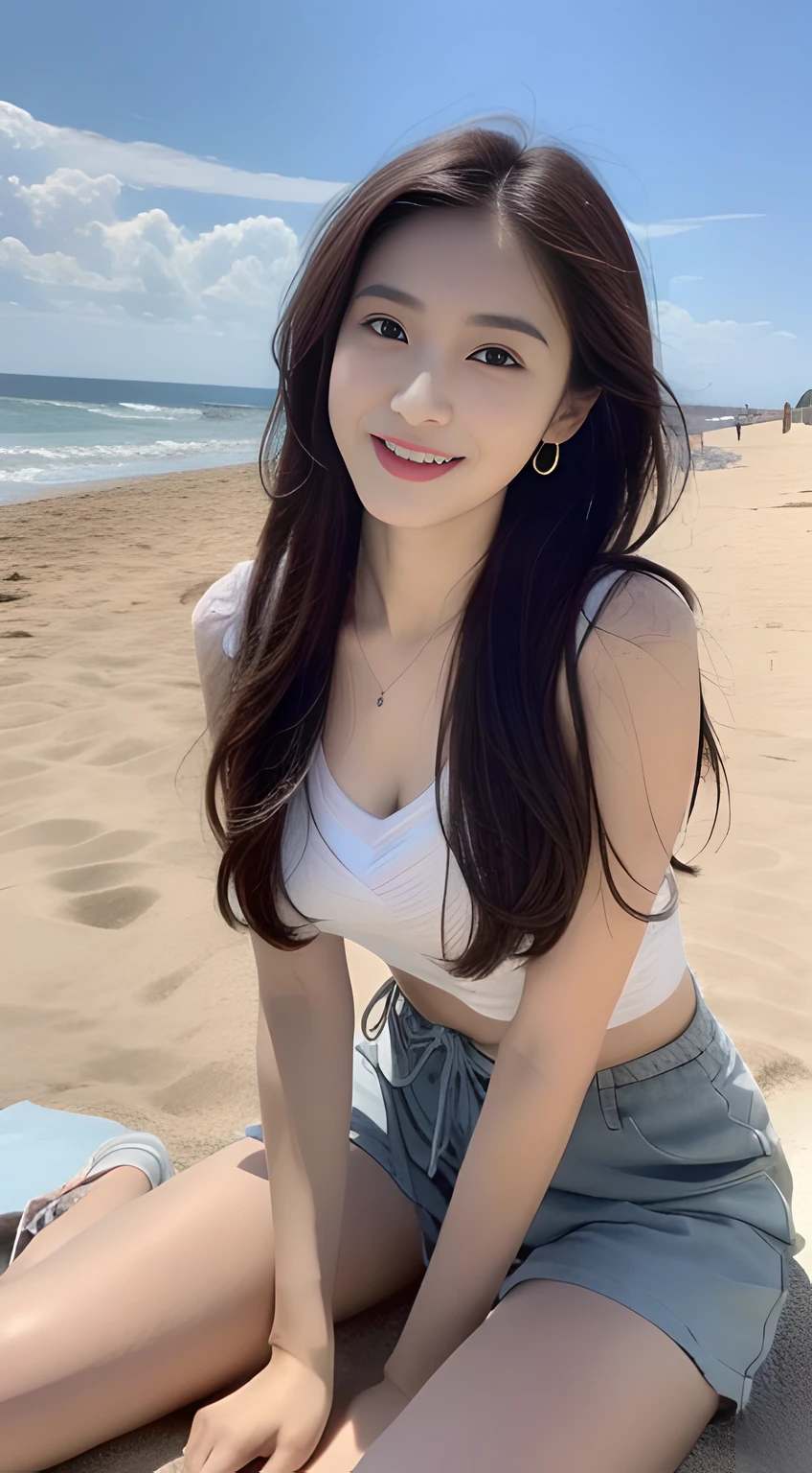 a young, Beautiful cute girl,Full body photo,Extremely beautiful and delicate,Black color hair,A sweet smile,Delicate and beautiful fair skin,Realistic and realistic,exquisite and complete facial features,Detailed depiction of the face,tall nose bridge,Smooth hair,extremely detail hair,Feminine temperament,Tall and tall,Thin,Realiy,White teeth,Tied up with hair,(No bra),Hyper-realism,sandals,full body shot shot,Forward tilt angle,Extreme picture quality,Highest precision,Precise and perfect human anatomy。dark stormy clouds, (Chiffon shorts,Chiffon tops to match)(telephoto shot,)Express the landscape,Highlight portrait。Sitting on the beach by the sea。Wearing earrings,Ruffling your hair,Look ahead,A little sad