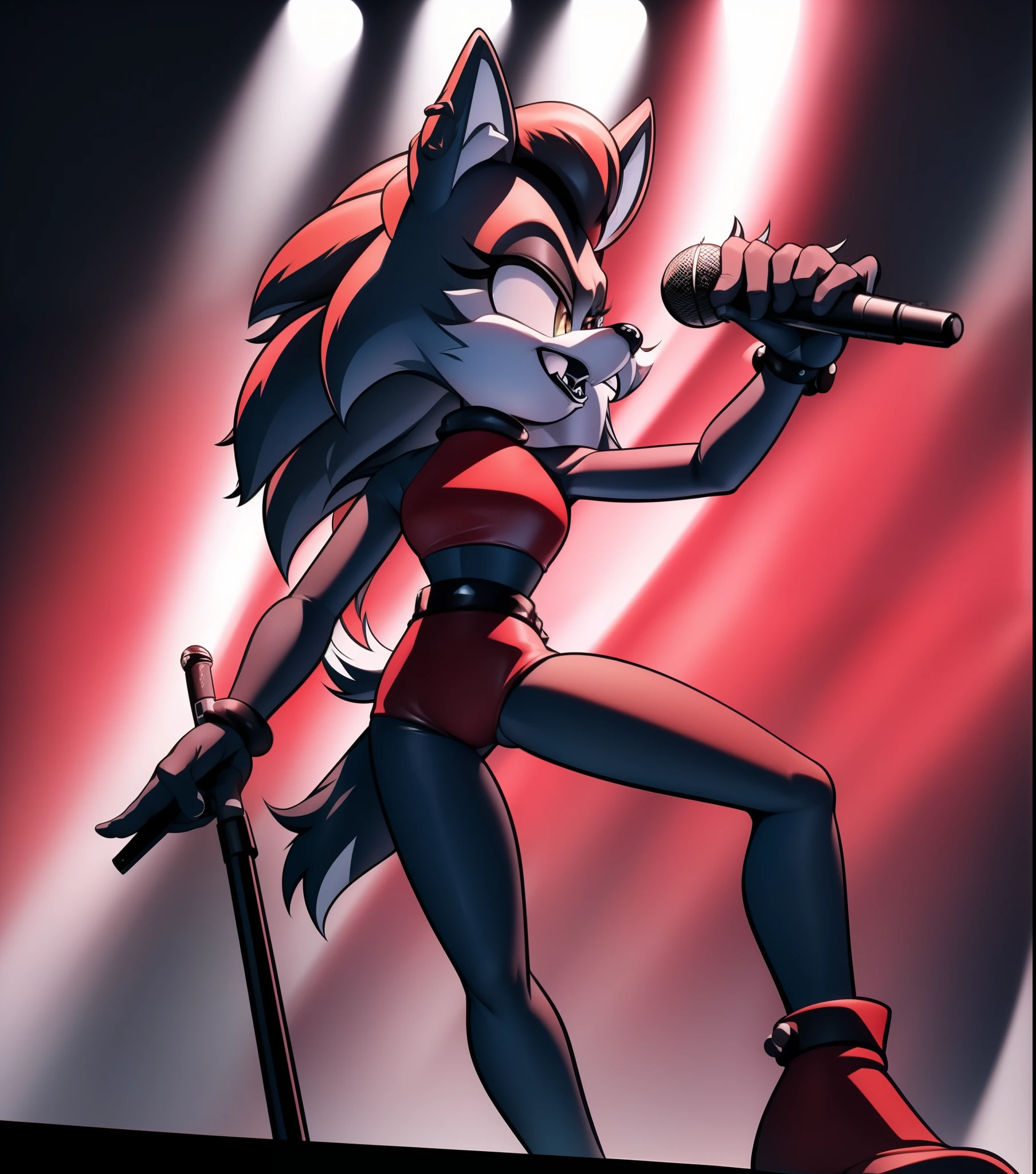 "Roxanne Wolf as a Sonic character, Roxanne on stage, rocking a vibrant red outfit, perfectly positioned single tail, confidently holding a microphone."