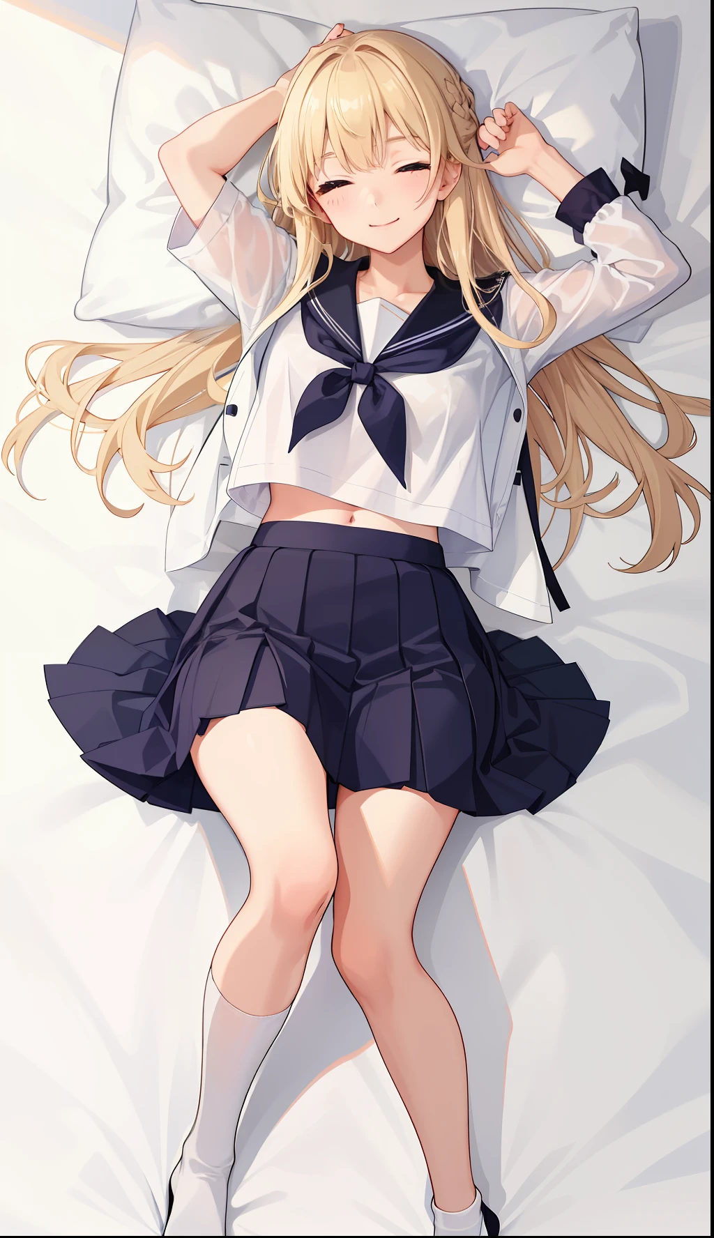 masterpiece, highest quality, High resolution, (1 Girl), masterpiece, highest quality, High resolution, senakashiwazaki, sena kashiwazaki, Blonde, Butterfly Hair Ornament, Long Hair, destroy cardigan, Checkered clothing, checkered skirt, Jacket, Long sleeve, tie, , shirt, skirt, Bedroom, bed, bed, bedroom, Spread your legs, panty shot, wedgie in underwear, (from below:1.5), Panty shot, Realistic Skin, Shiny skin, Glowing Skin, Sweaty Feet, Skirt up, (White panties:1.5), Highly detailed face, Perfect Sentence, Detailed CG, (Perfect hands, Perfect Anatomy), (Embarrassed look:1.5),