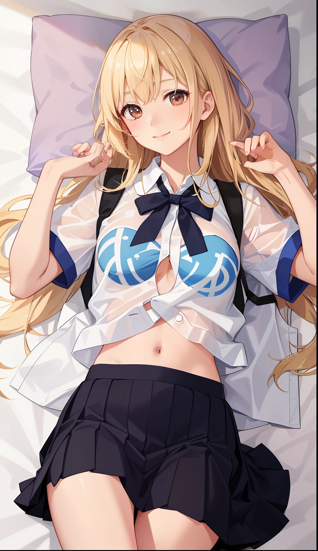 1girl in、A smile、The shirt、skirt by the、(small tits)Chilarism、Japan High School Student Uniform、serafuku、summer clothing、(Sheer Bra)、Upper body portrait、blonde hair、s asleep、Sleeping in large letters、