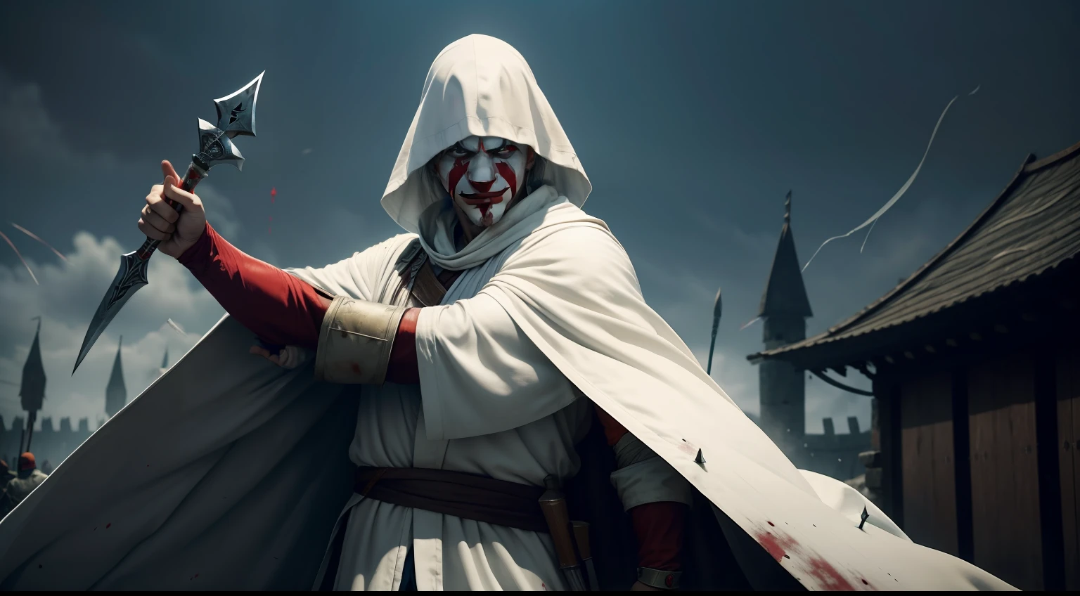 Clown on the battlefield of the Middle Ages,Wearing a white robe,stealth,With two short daggers,Pierce the body from behind,A dark smile,Assassinate opposing soldiers,Blood splatter,character splash art,photorealiscic face,8K,Ultra photo realsisim