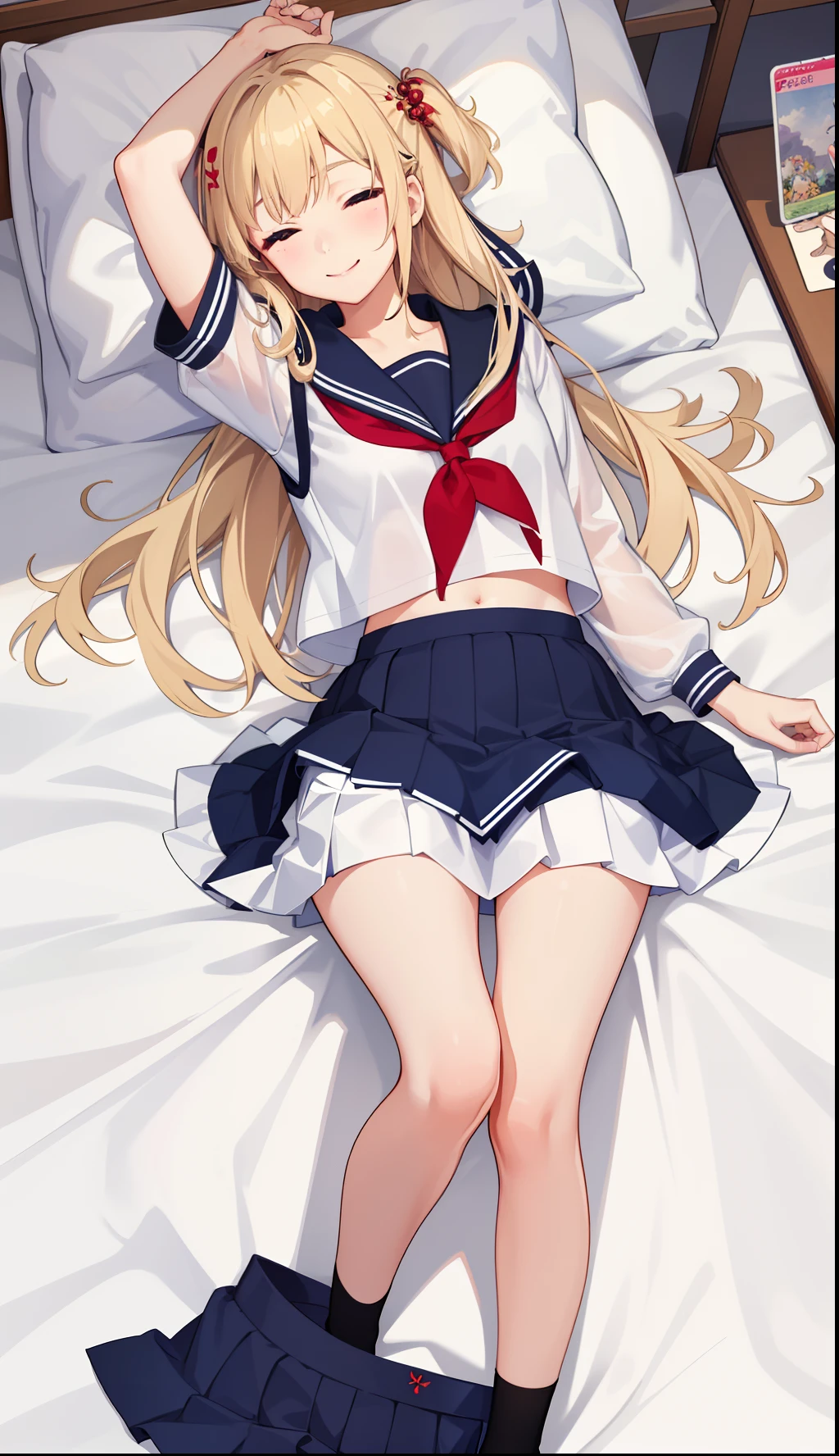 1girl in、A smile、The shirt、skirt by the、(small tits)Chilarism、Japan High School Student Uniform、serafuku、summer clothing、(Sheer Bra)、Upper body portrait、blonde hair、s asleep、Sleeping in large letters、