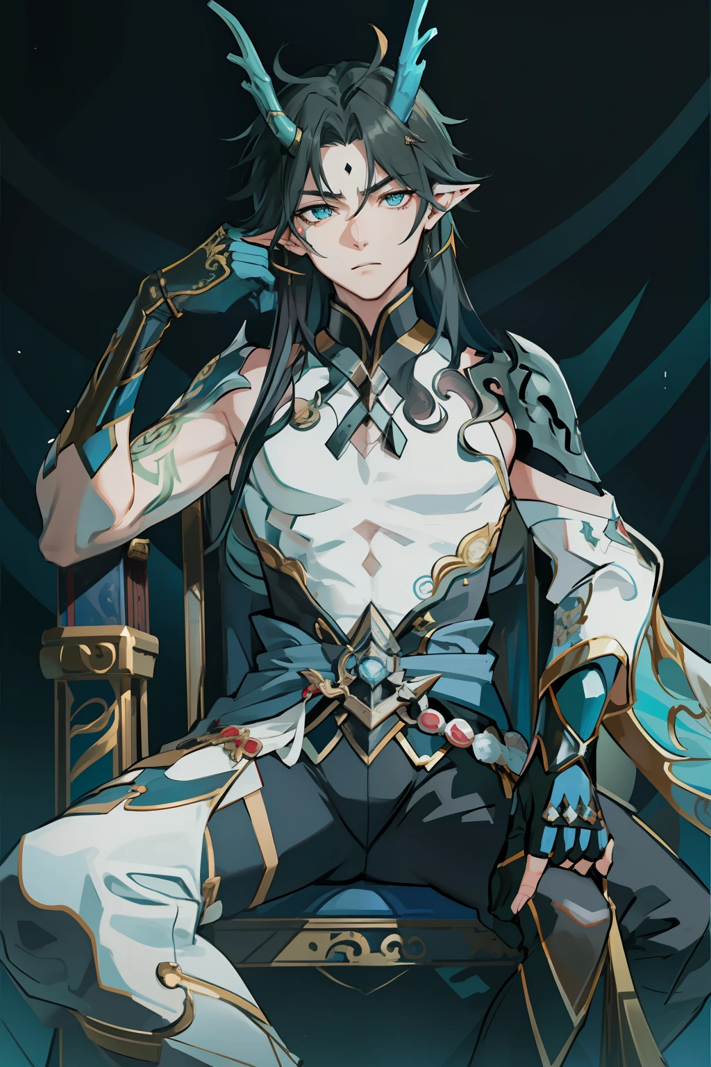 (absurderes,A high resolution,Hyper-detailing,hdr),Dragon's horn,younge boy,tmasterpiece,best qualtiy,1人,独奏,Handsome,Golden eyes,Fine eyes and detailed face,toppless,Tattooed with,arma,seated on a throne,Indifferent and arrogant,Abs,chest muscle,Raised sexy,Ruffian,Show your temperament,Male,masculine appeal,Male characteristics are distinct,Long messy hair,Arrogant,self-assured,Sitting majestically on the throne,Legs crossed,white pantie,supreme,Lazy,Handsome,