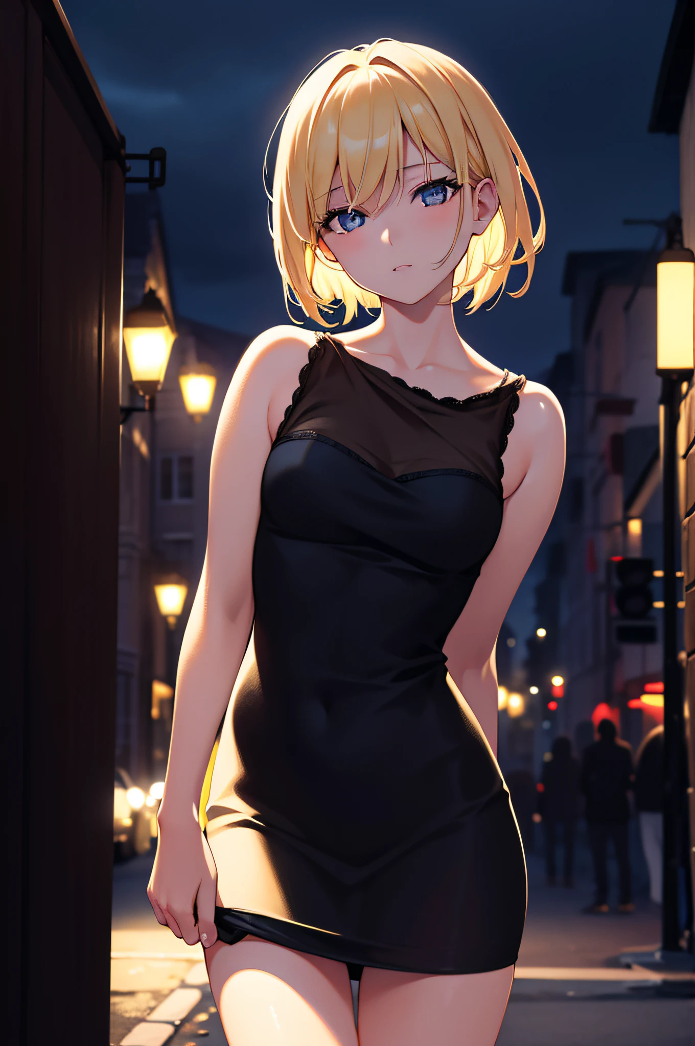Short blonde hair,the night,A girl,deep shading,cold light,low tune,in the darkness nigth,RAW photogr,best qualtiy,tmasterpiece,Ultra-high resolution,Realistic1.5