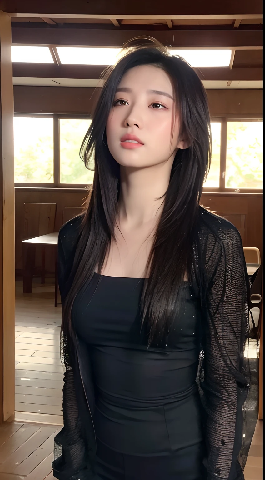 ((Best Quality, 8K, Masterpiece: 1.3)), Sharp: 1.2, Perfect Body Beauty: 1.4, Slim Abs: 1.2, ((Layered Hairstyle, :1.2)), (Good Girl Outfit: 1.1), (Indoor: 1.2), Wet: 1.5, Highly detailed face and skin texture, Detailed eyes, double eyelids, Look up at the lens,