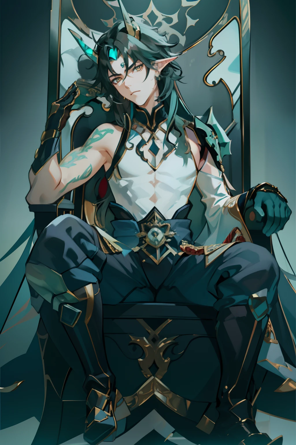 （absurderes，A high resolution，Hyper-detailing，hdr），Dragon's horn，younge boy，tmasterpiece，best qualtiy，1人，独奏，Handsome，Golden eyes，Fine eyes and detailed face，toppless，Tattooed with，arma，seated on a throne，Indifferent and arrogant，Abs，chest muscle，Raised sexy，Ruffian，Show your temperament，Male，masculine appeal，Male characteristics are distinct，Long messy hair，Arrogant，self-assured，Sitting majestically on the throne，Pondering，Legs crossed，white pantie，supreme，Lazy，Handsome，