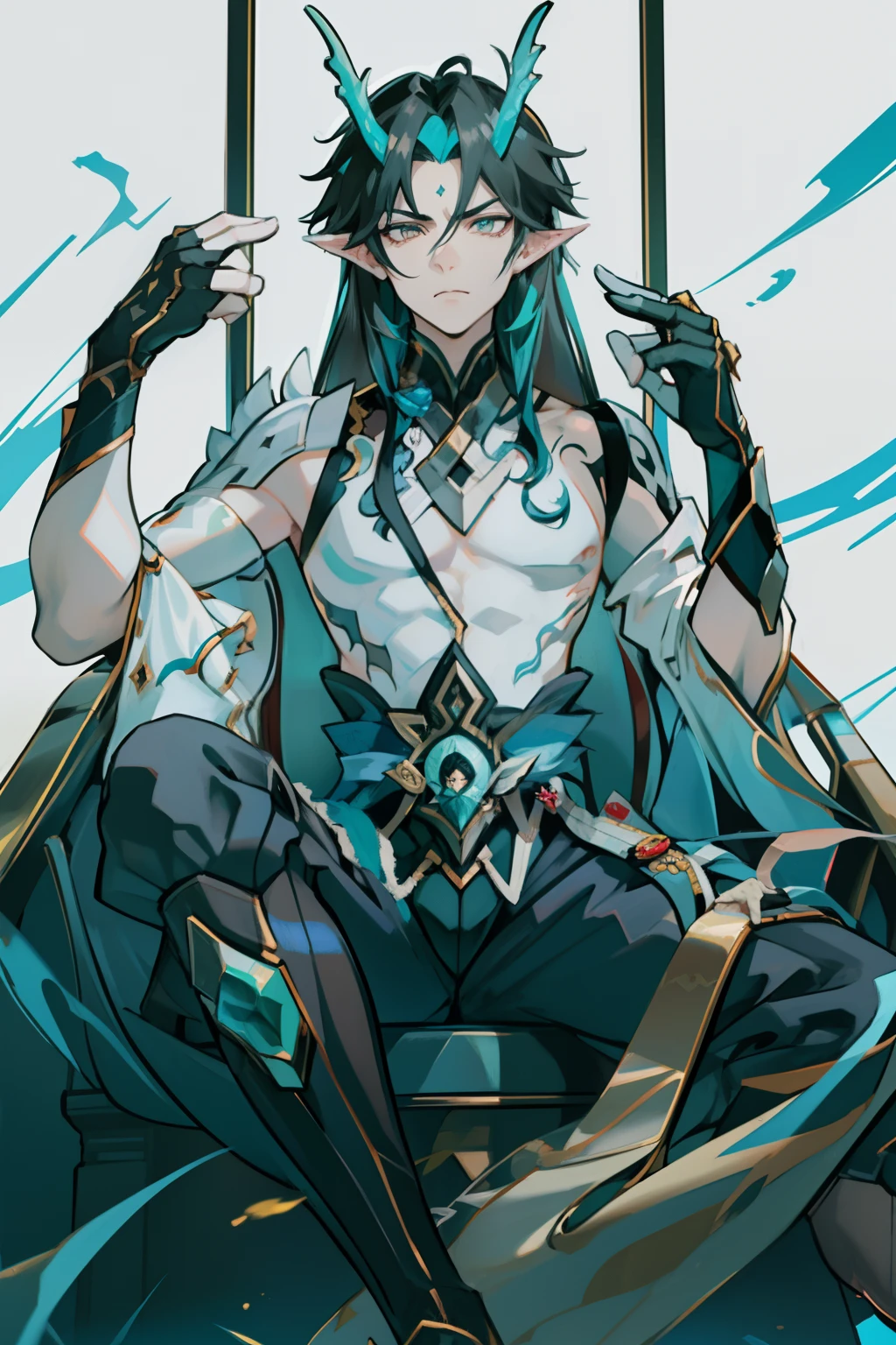 (absurderes,A high resolution,Hyper-detailing,hdr),Dragon's horn,younge boy,tmasterpiece,best qualtiy,1人,独奏,Handsome,Golden eyes,Fine eyes and detailed face,toppless,Tattooed with,arma,seated on a throne,Indifferent and arrogant,Abs,chest muscle,Raised sexy,Ruffian,Show your temperament,Male,masculine appeal,Male characteristics are distinct,Long messy hair,Arrogant,self-assured,Sitting majestically on the throne,Pondering,Legs crossed,white pantie,supreme,Lazy,Handsome,