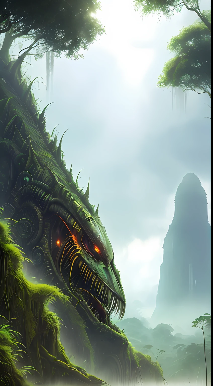 (Extreme close-up) photore (Scared:1.1) (rainforests:0.9), (tall grass:1.2), (A huge dead alien monster:1.2), Silver light reflection，Wet, (Pagodas, 12th century, 1.2),rays of sunshine, insanely details, Cinematic, epic realistic, Intricate details, ultra - detailed, High quality, primitive, author：Jakub Rozalski