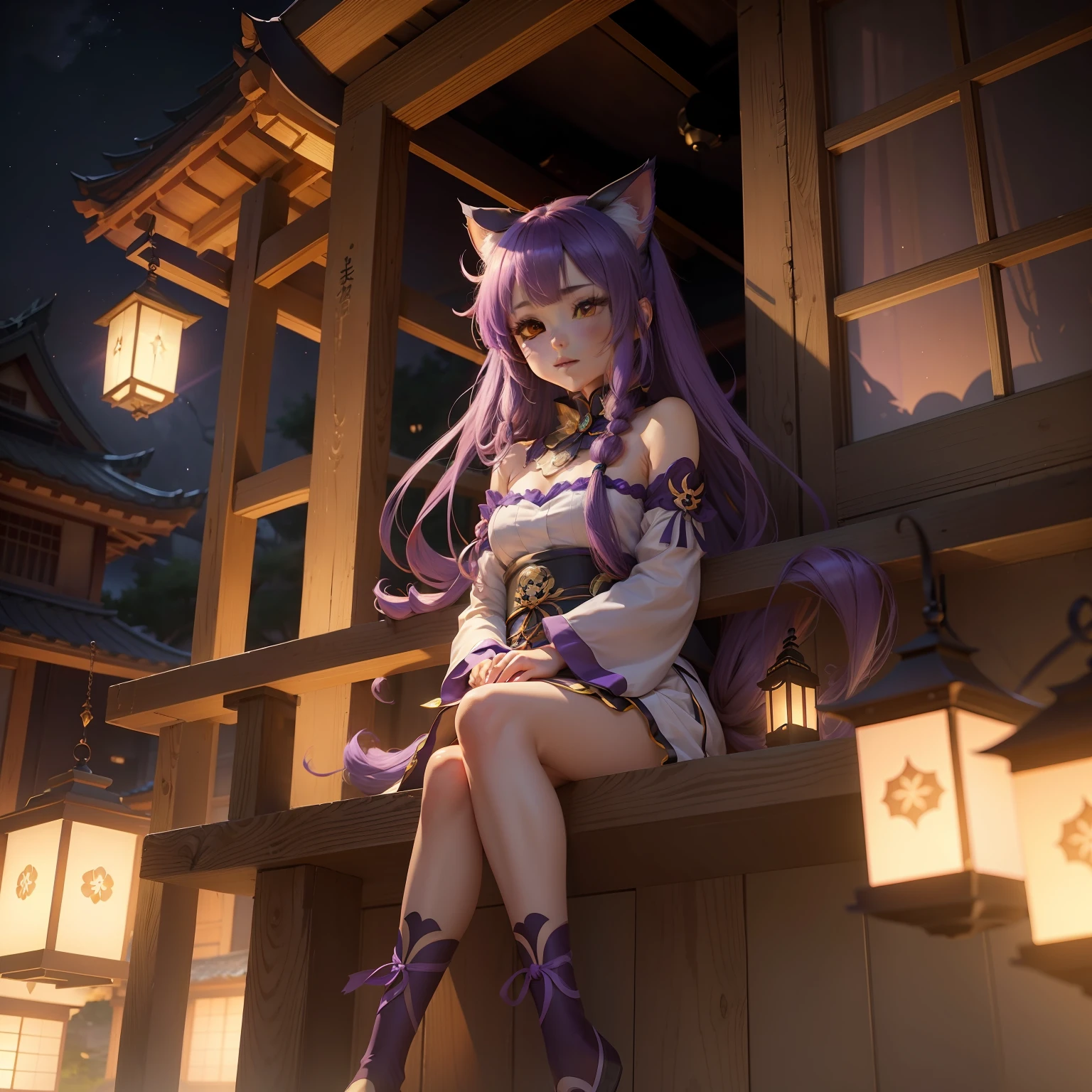 anime girl with long purple hair sitting on a ledge in front of lanterns, ayaka genshin impact, keqing from genshin impact, very beautiful anime cat girl, beautiful anime catgirl, ayaka game genshin impact, anime visual of a cute cat, anime visual of a cute girl, cute anime catgirl, zhongli from genshin impact