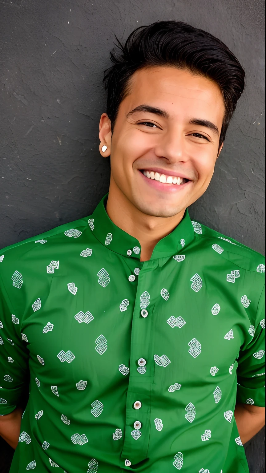arafed man with a green shirt and a white smile, earing a shirt laughing, mid shot portrait, slight cute smile, with a beautifull smile, he is smiling, beautiful and smiling, dimples, detailed smile, smiling sweetly, henry ascensio, half onesided smile, smiling and looking directly, zigor samaniego style