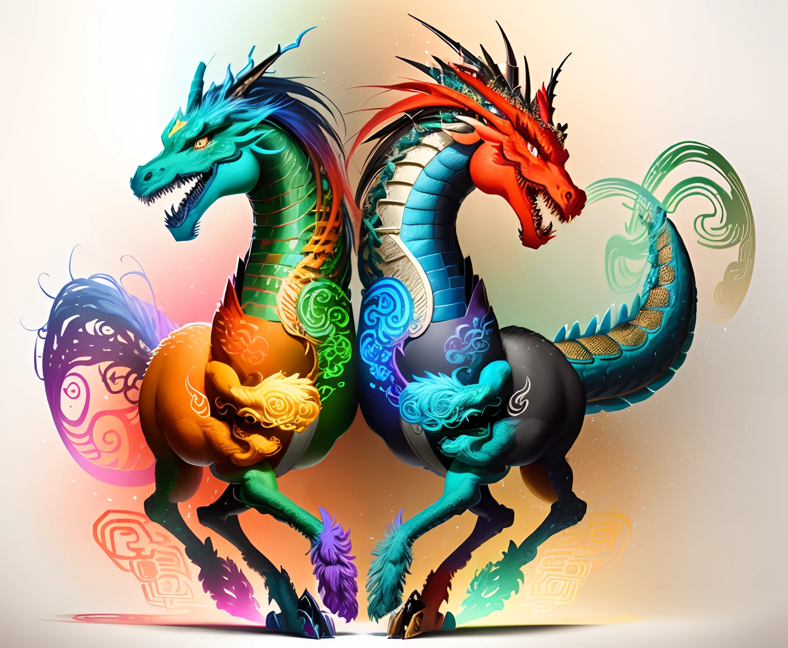 Brightly colored horses with a long tail and a tail with a long tail..., Mythical Creatures, chinese dragon concept art, smooth chinese dragon, cyan chinese dragon fantasy, Mythical Creatures, Fantasy Creatures, Rainbow Fluffy Dragon, Digital paintings of Quetzalcoatl, anthropomorphic dragon, Chinese dragon, dragon art, as an anthropomorphic dragon