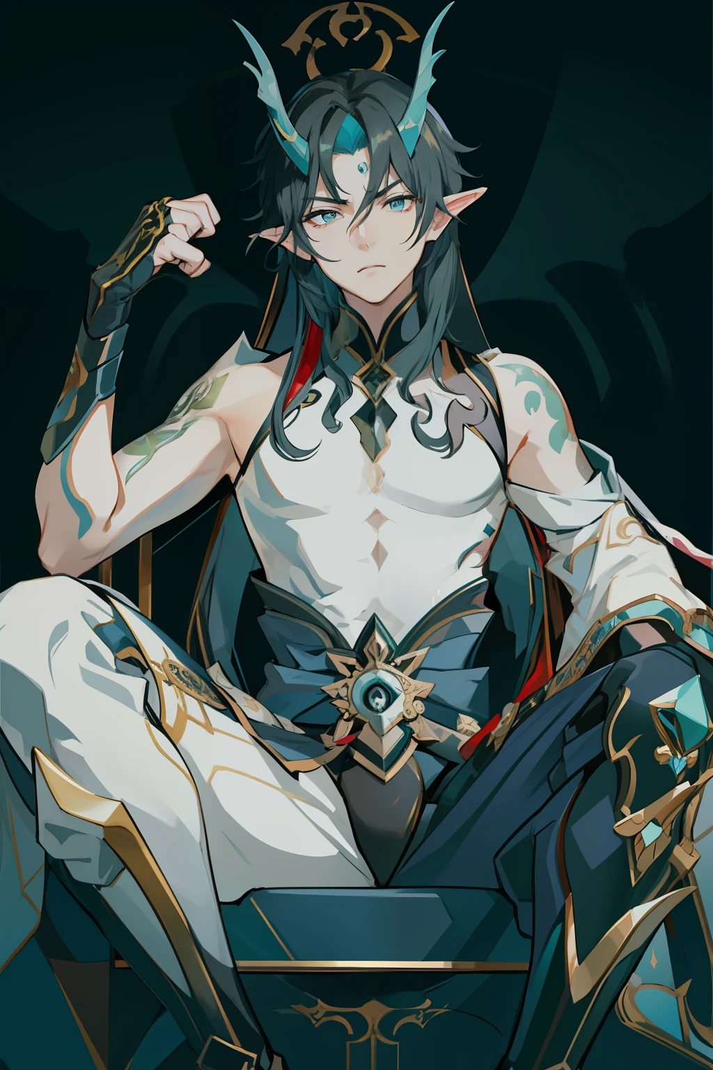 (absurderes,A high resolution,Hyper-detailing,hdr),Dragon's horn,younge boy,tmasterpiece,best qualtiy,1人,独奏,Handsome,Golden eyes,Fine eyes and detailed face,toppless,Tattooed with,arma,seated on a throne,Indifferent and arrogant,Abs,chest muscle,Raised sexy,Ruffian,Show your temperament,Male,masculine appeal,Male characteristics are distinct,Long messy hair,Arrogant,self-assured,Sitting majestically on the throne,Legs crossed,white pantie,supreme,Lazy,Handsome,