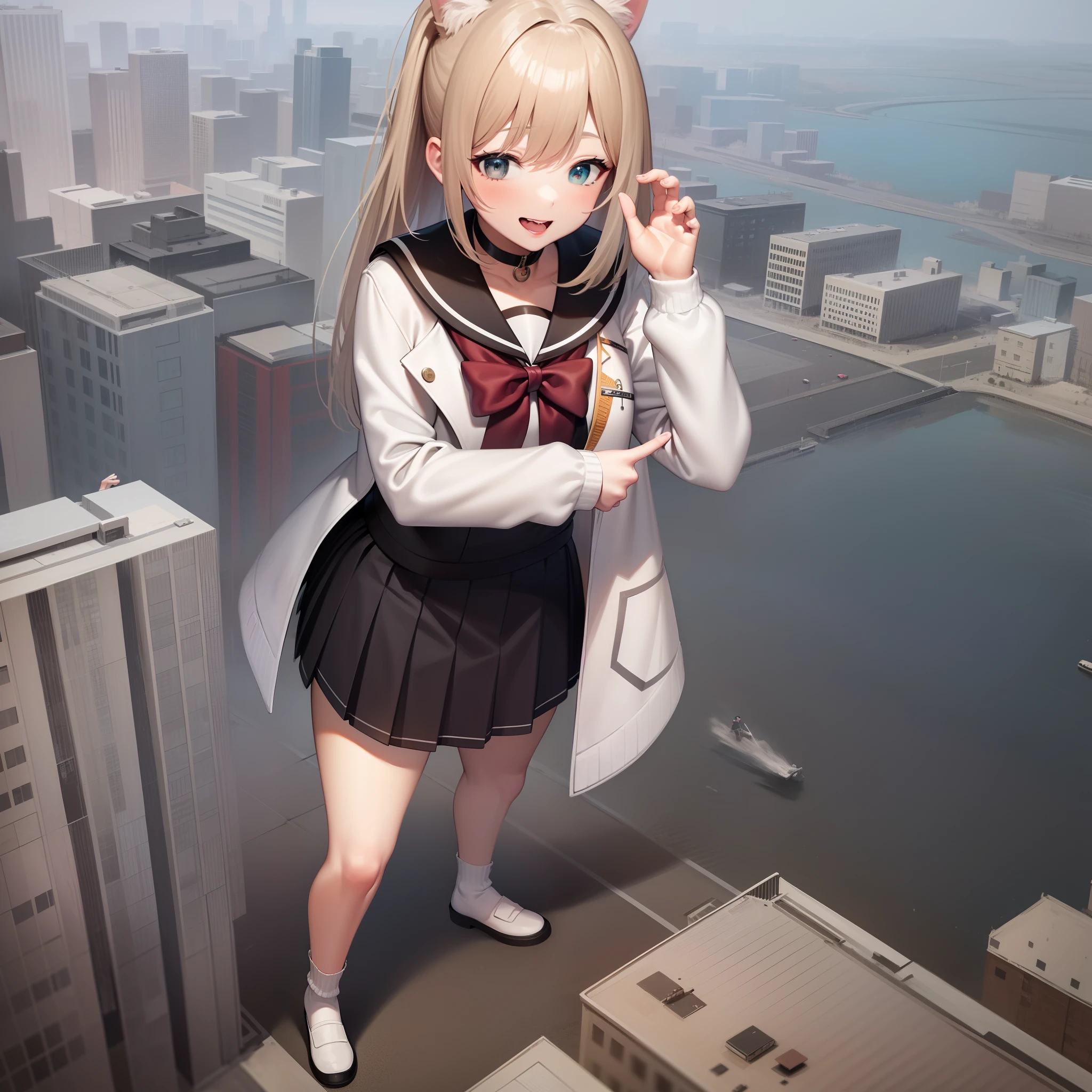 1girl, city, Bigger than the building, White jacket, Animal hood, White socks, Open jacket, Pleated skirt, Black skirt, Black sailor collar, Black choker, school uniform, Black shirt, puffy long sleeves, standing, Smile, Naughty, Anatomically correct, Textured skin, GTSCity