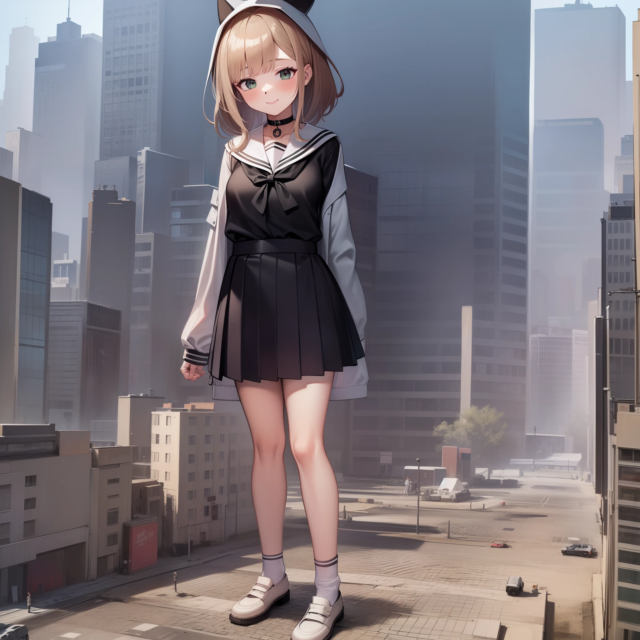 1girl, city, Bigger than the building, White jacket, Animal hood, White socks, Open jacket, Pleated skirt, Black skirt, Black sailor collar, Black choker, school uniform, Black shirt, puffy long sleeves, standing, Smile, Naughty, Anatomically correct, Textured skin, GTSCity