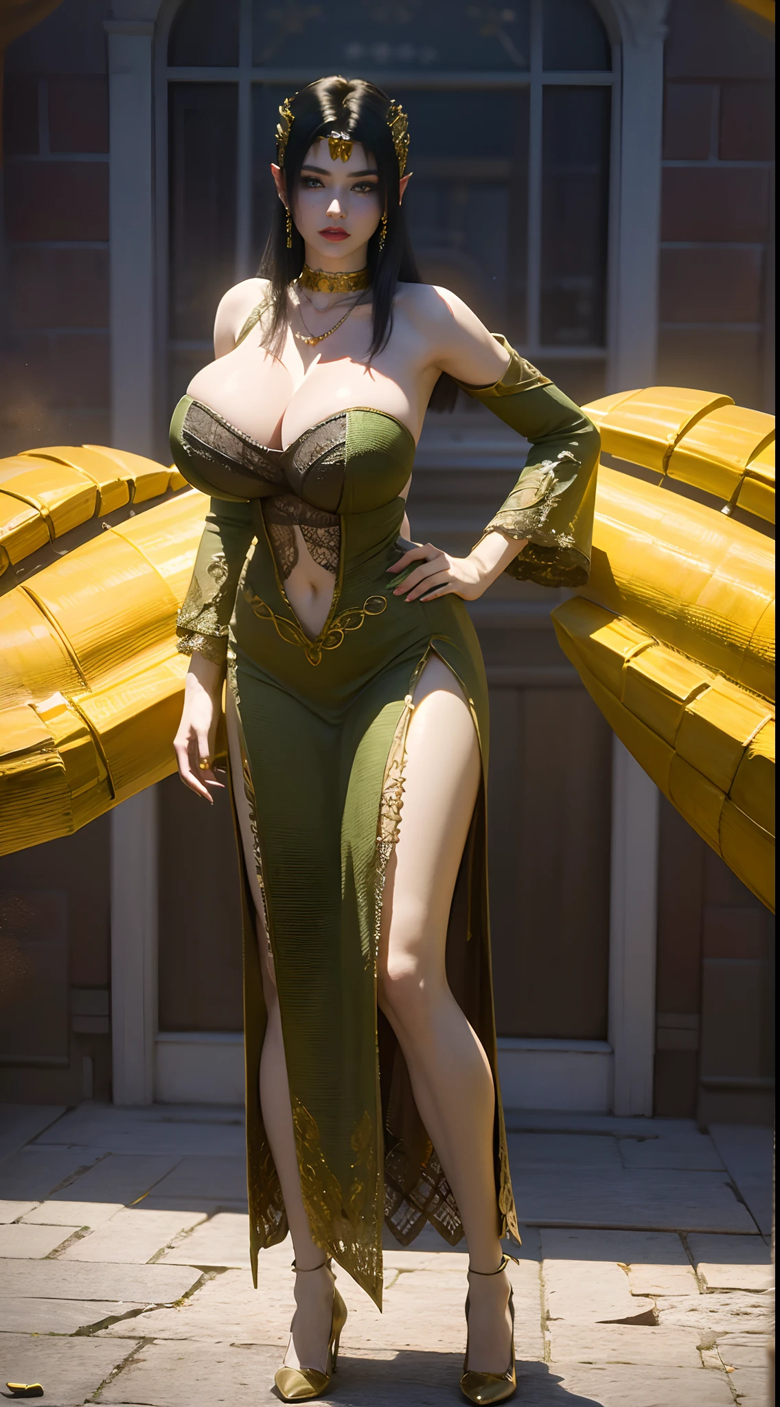 ultra realistic 8k cg, flawless, clean, masterpiece, professional artwork, famous artwork, cinematic lighting, cinematic bloom, perfect face, beautiful face, fantasy, dreamlike, unreal engine 5, science fiction, lace, lace trim, lace-trimmed legwear, luxury, jewelry, diamond, gold, pearl, gem, sapphire, ruby, emerald, intricate detail, delicate pattern, charming, alluring, seductive, erotic, enchanting, (front bangs hair:1.5), hair ornament, necklace, earrings, bracelet, armlet, autumn.
((,1girl, pov,best quality,)) ,((((,1girl, solo, huge fake breasts:1.5, goddess green dress, full body, looking at viewer, standing))))
