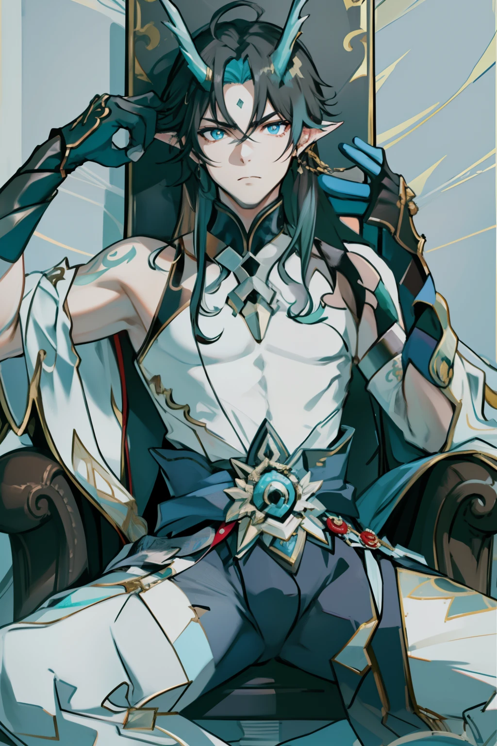 (absurderes,A high resolution,Hyper-detailing,hdr),Dragon's horn,younge boy,tmasterpiece,best qualtiy,1人,独奏,Handsome,Golden eyes,Fine eyes and detailed face,toppless,Tattooed with,arma,seated on a throne,Indifferent and arrogant,Abs,chest muscle,Raised sexy,Ruffian,Show your temperament,Male,masculine appeal,Male characteristics are distinct,Long messy hair,Arrogant,self-assured,Sitting majestically on the throne,Pondering,Legs crossed,white pantie,supreme,Lazy,Handsome,