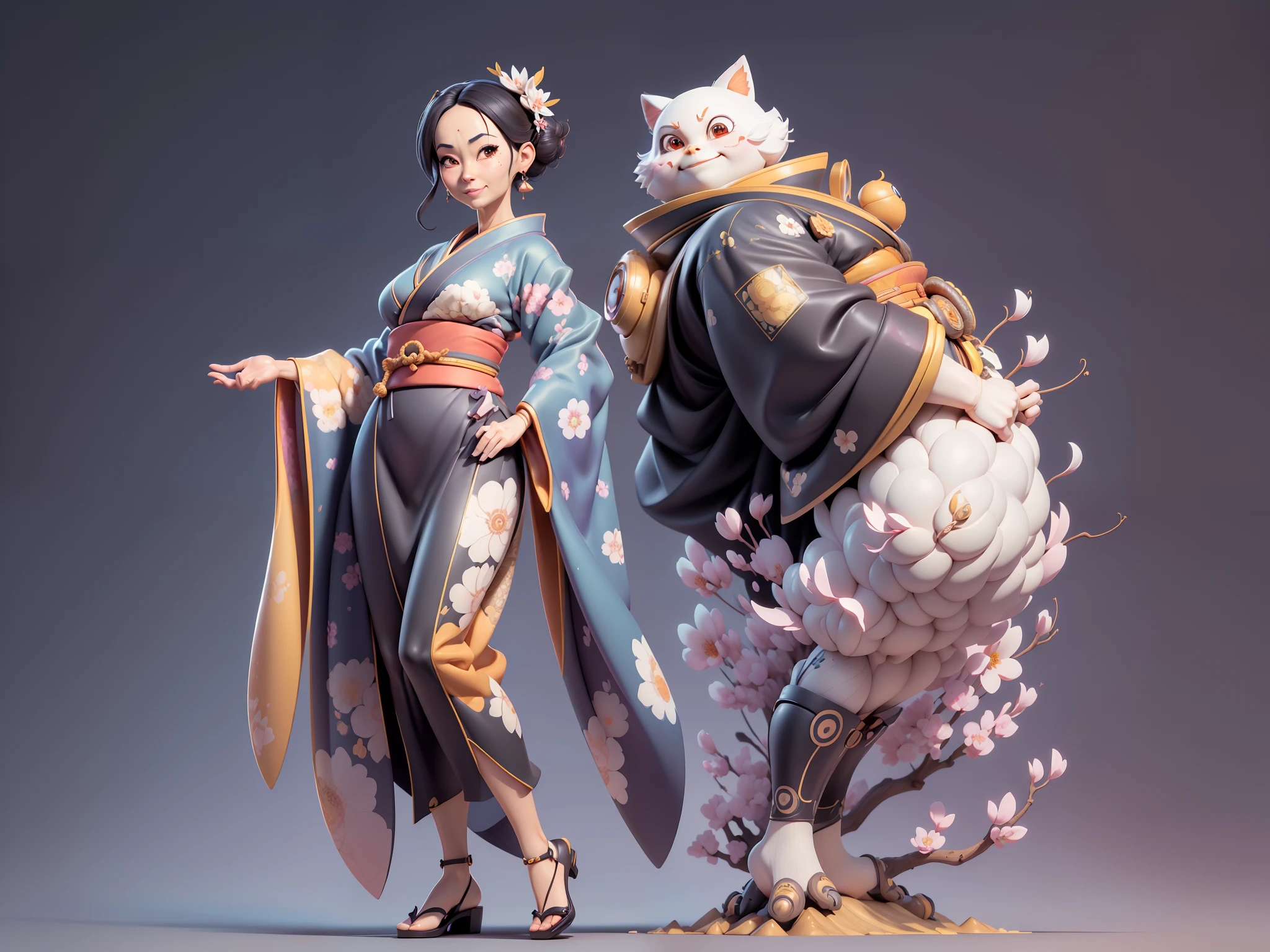 (Masterpiece), (Excellent), (Super Meticulous), (Full Body: 1.2), Super Beautiful Woman, Japanese Female in stunning kimono, (Mature face:1.4) Beautiful, Sakura leaves pattern, Sexy, Bursting, Oriental Face, TV Anchor, Bust Portrait Illustration, Alone, Black Suit, Blue Tie, Slightly Chubby Face, Very Clean Face, No Beard, Black Super Short Hair, Black Eyes, Confident Smile, 3c Computer Sub-Products, iPad, iPhone, Digital Painting, 3D Character Design by Mark Clairen and Pixar and Hayao Miyazaki and Akira Toriyama, The illustration is a high-definition illustration in 4K resolution with very detailed facial features and cartoon-style visuals.