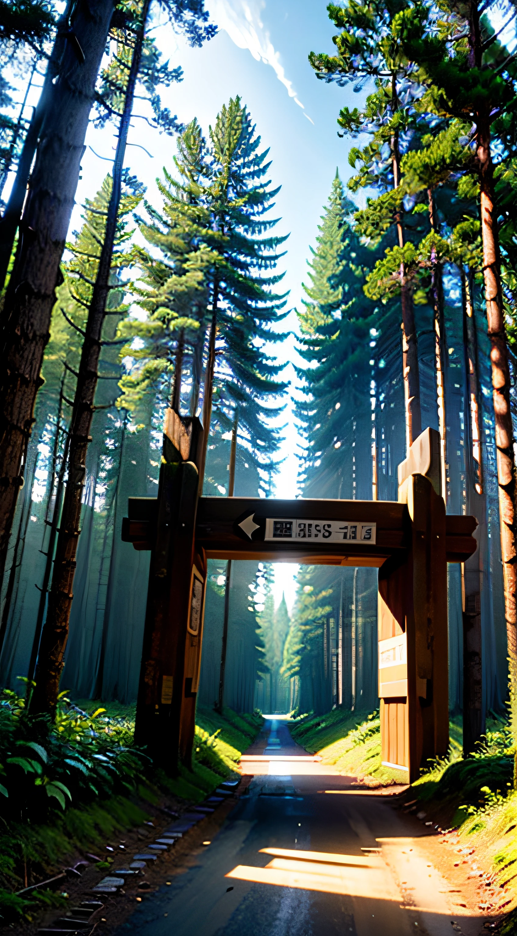 forest opening, warning sign, dawn, wide angle, entrance to forest,