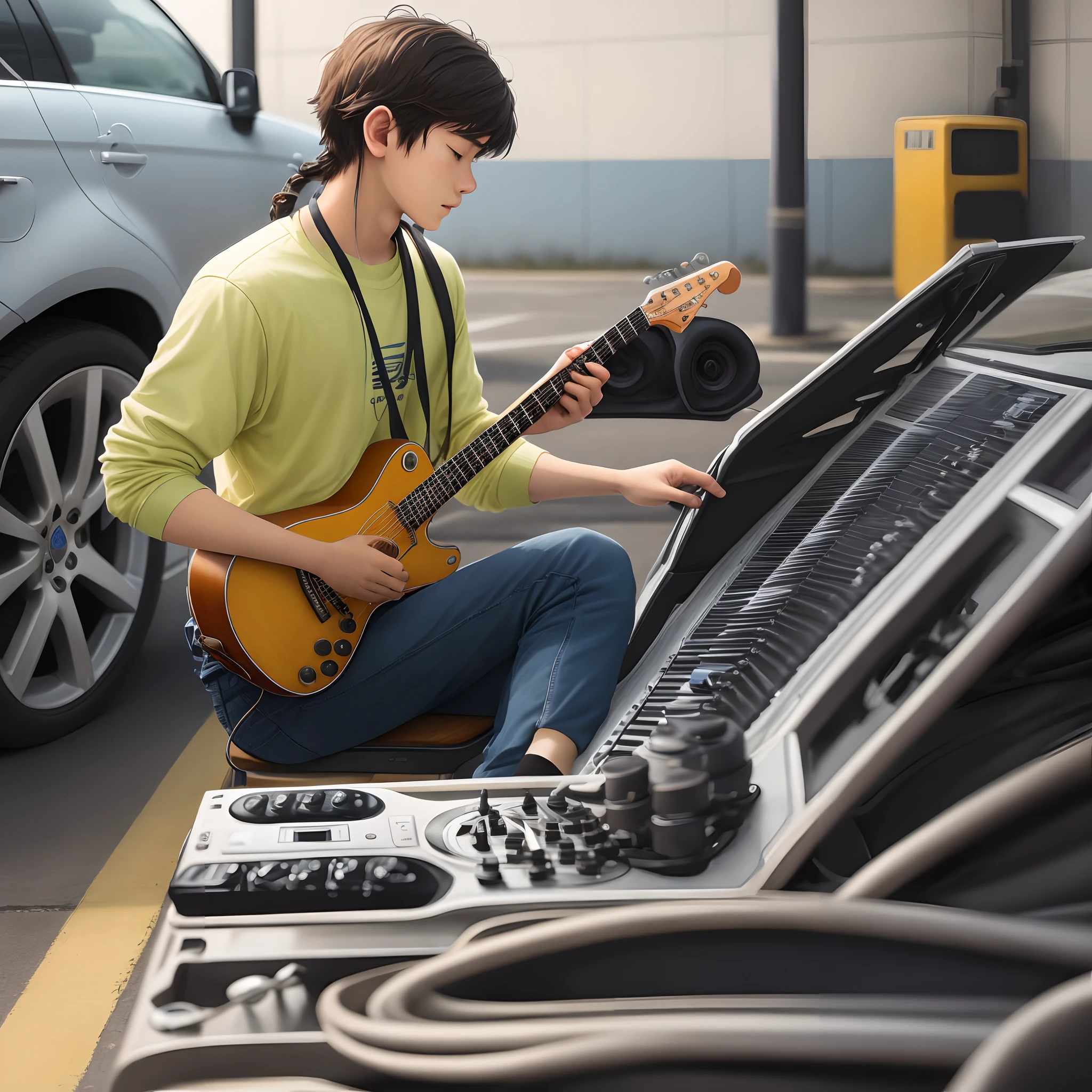A student plays a sound game while practicing a car