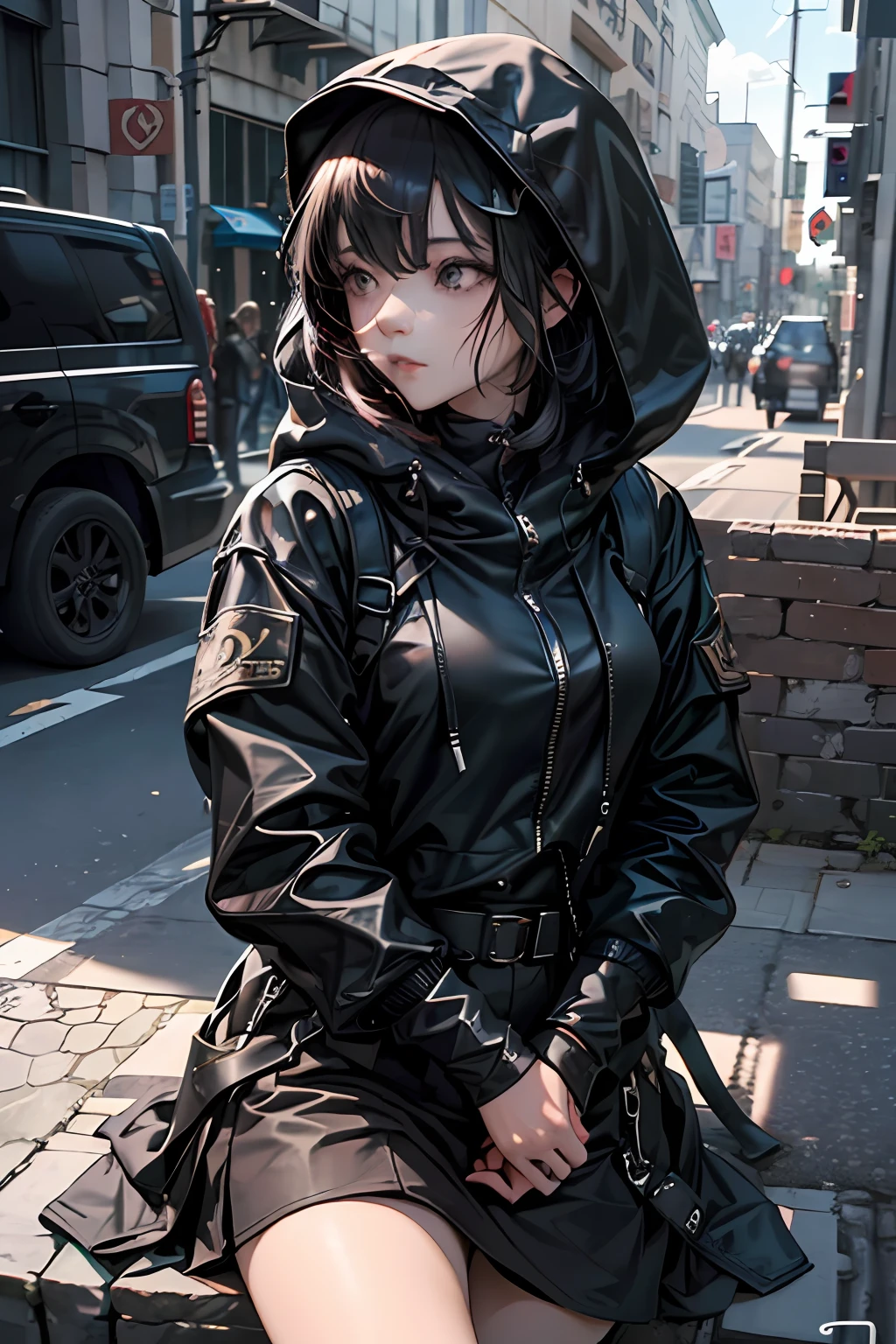 Girl in black hood、NFT art、marks、pop inspo、mirai、Black hair、Black eyes、stamp、Keekinuku、unbalanced、mistic,lora,1girl