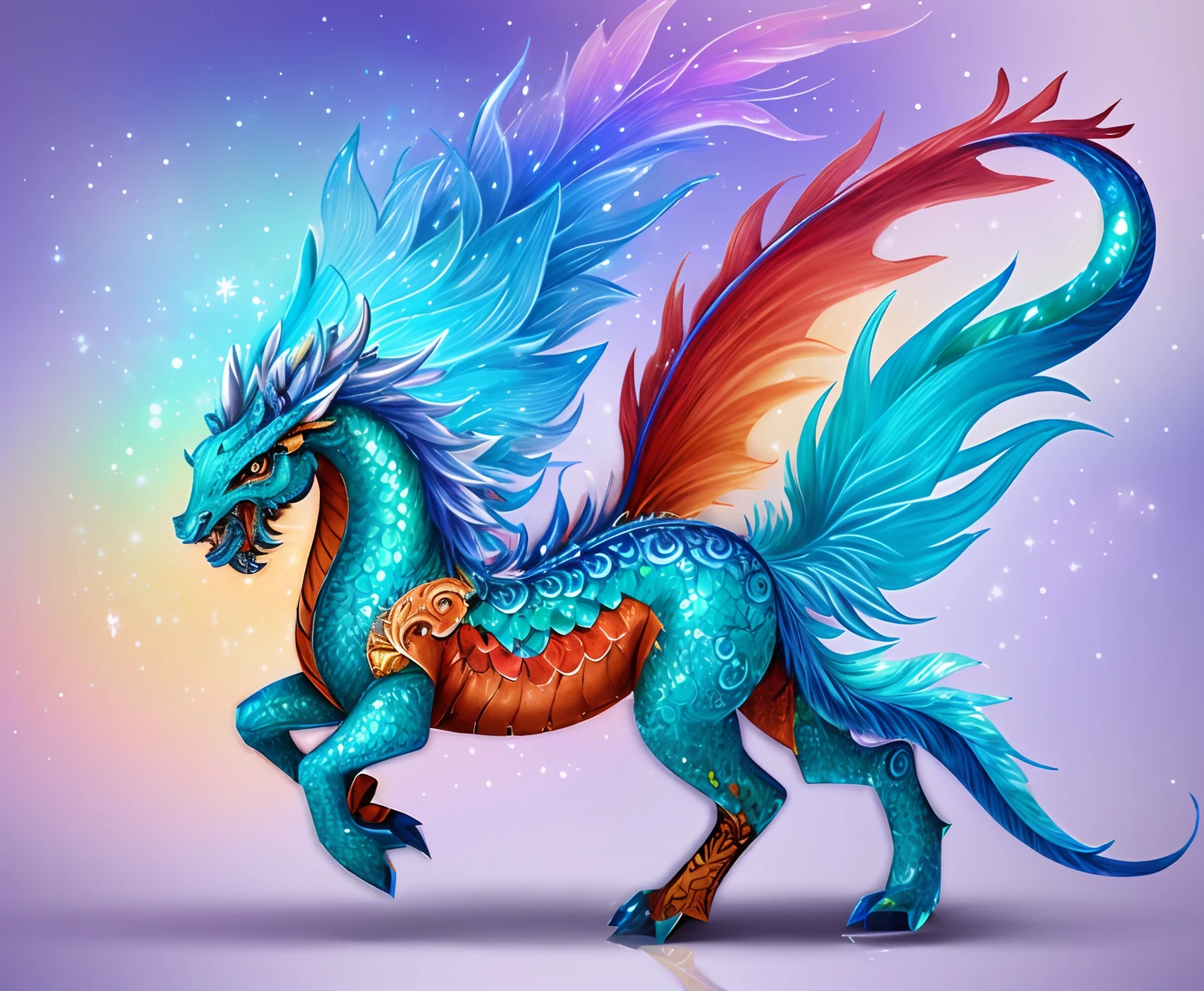 Brightly colored horses with a long tail and a tail with a long tail..., Mythical Creatures, chinese dragon concept art, smooth chinese dragon, cyan chinese dragon fantasy, Mythical Creatures, Fantasy Creatures, Rainbow Fluffy Dragon, Digital paintings of Quetzalcoatl, anthropomorphic dragon, Chinese dragon, dragon art, as an anthropomorphic dragon