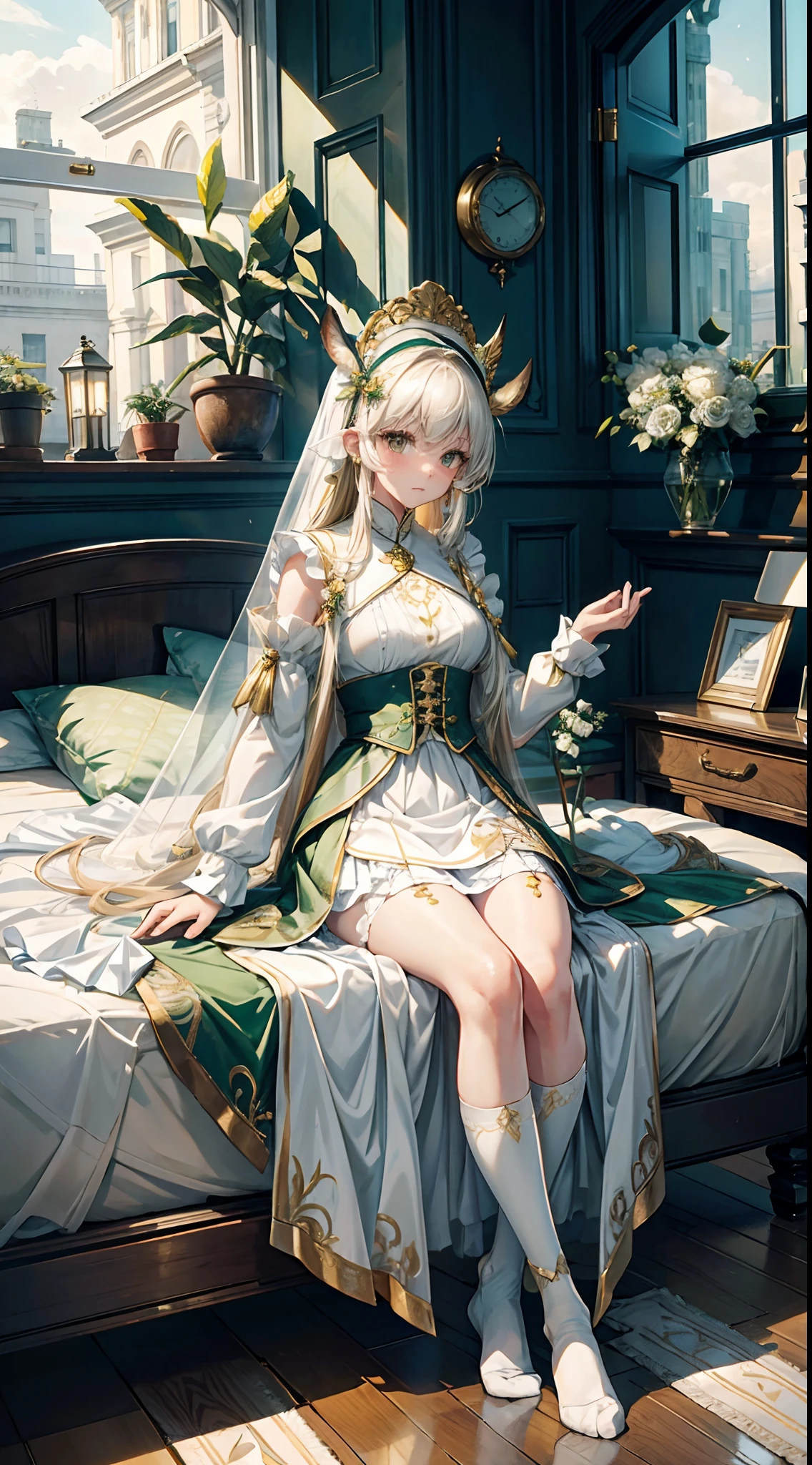(8K,best qualtiy,tmasterpiece:1.2),(realisticlying,realisticlying:1.2),ultra - detailed,best qualtiy,超高分辨率,profesional lighting,photon maping,physically-based renderingt,the maid outfit,Wallpapers,Ray traching,(janelas:1.8),rays of sunshine:2.0,(There is a gold pattern on the skirt),whaite hair,(White calf socks:1.2),There are potted plants under the window,((White socks ultra-transparent texture)),beast ear,a white long skirt,There is a little white cat,long hair flowing,There was a lamp by the bed,Big windows,Clothes with green and gold patterns,(golden headdress),(huge tit),(((Superskirt))),(((white wedding gown))),Advanced rendering,Bigger windows,white wedding gown,White socks are longer,leg loops