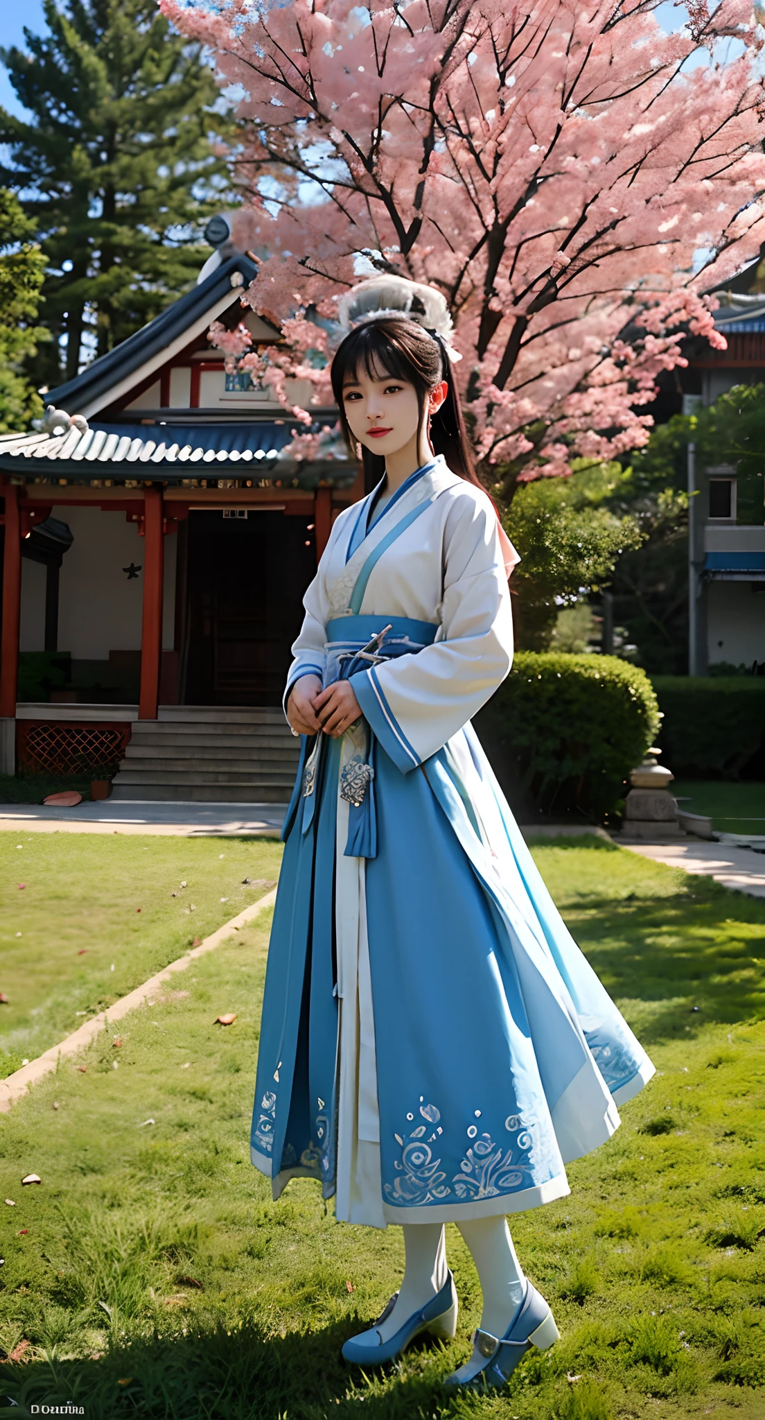 Araki in a blue and white dress stands on the grass, full-body xianxia, Inspired by Lan Ying, Inspired by Qiu Ying, inspired by Du Qiong, inspired by Li Mei-shu, Inspired by Li Tang, inspired by Leng Mei, Palace , A girl in Hanfu, Chinese costume, heise jinyao