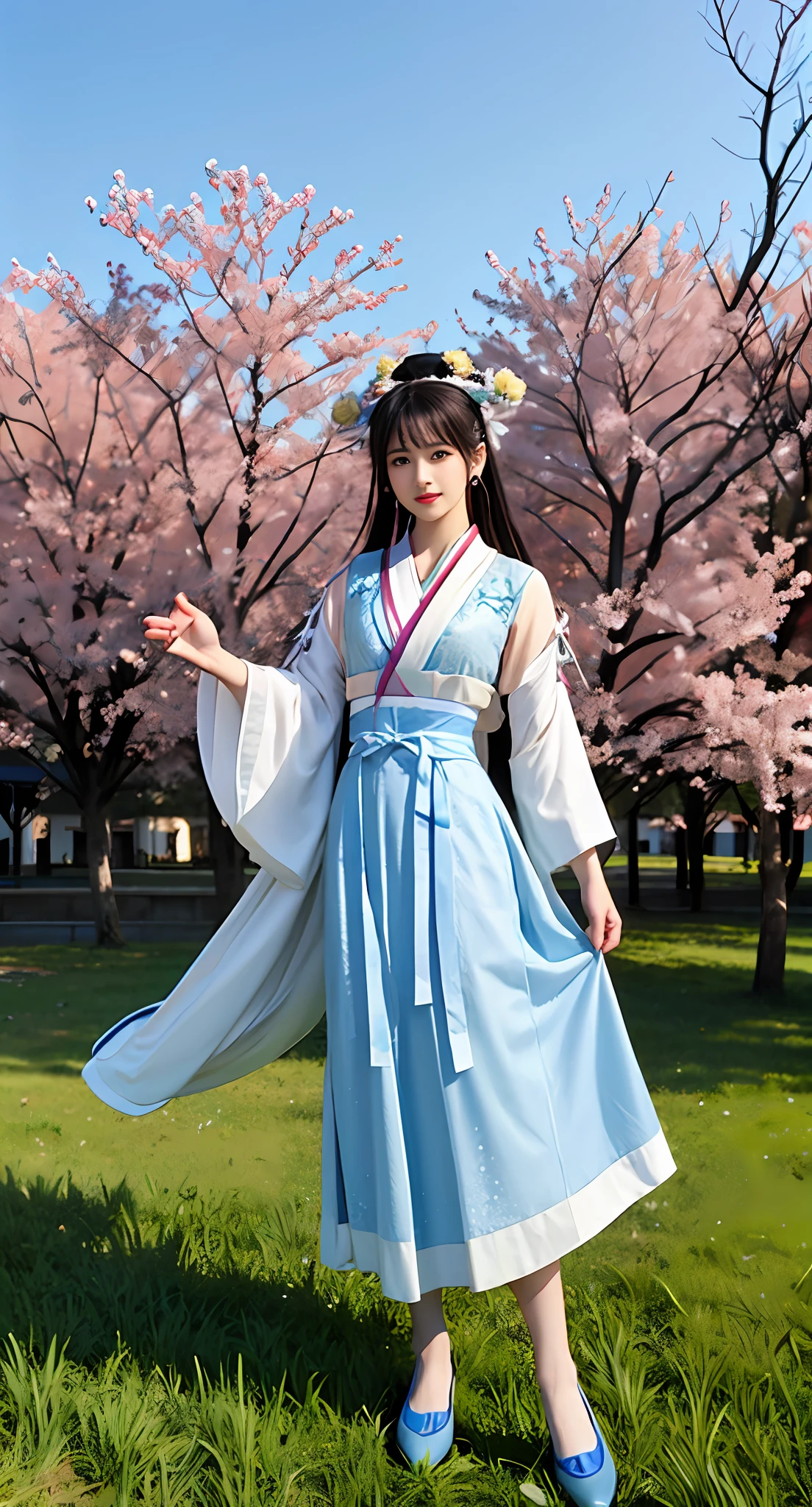 Araki in a blue and white dress stands on the grass, full-body xianxia, Inspired by Lan Ying, Inspired by Qiu Ying, inspired by Du Qiong, inspired by Li Mei-shu, Inspired by Li Tang, inspired by Leng Mei, Palace , A girl in Hanfu, Chinese costume, heise jinyao