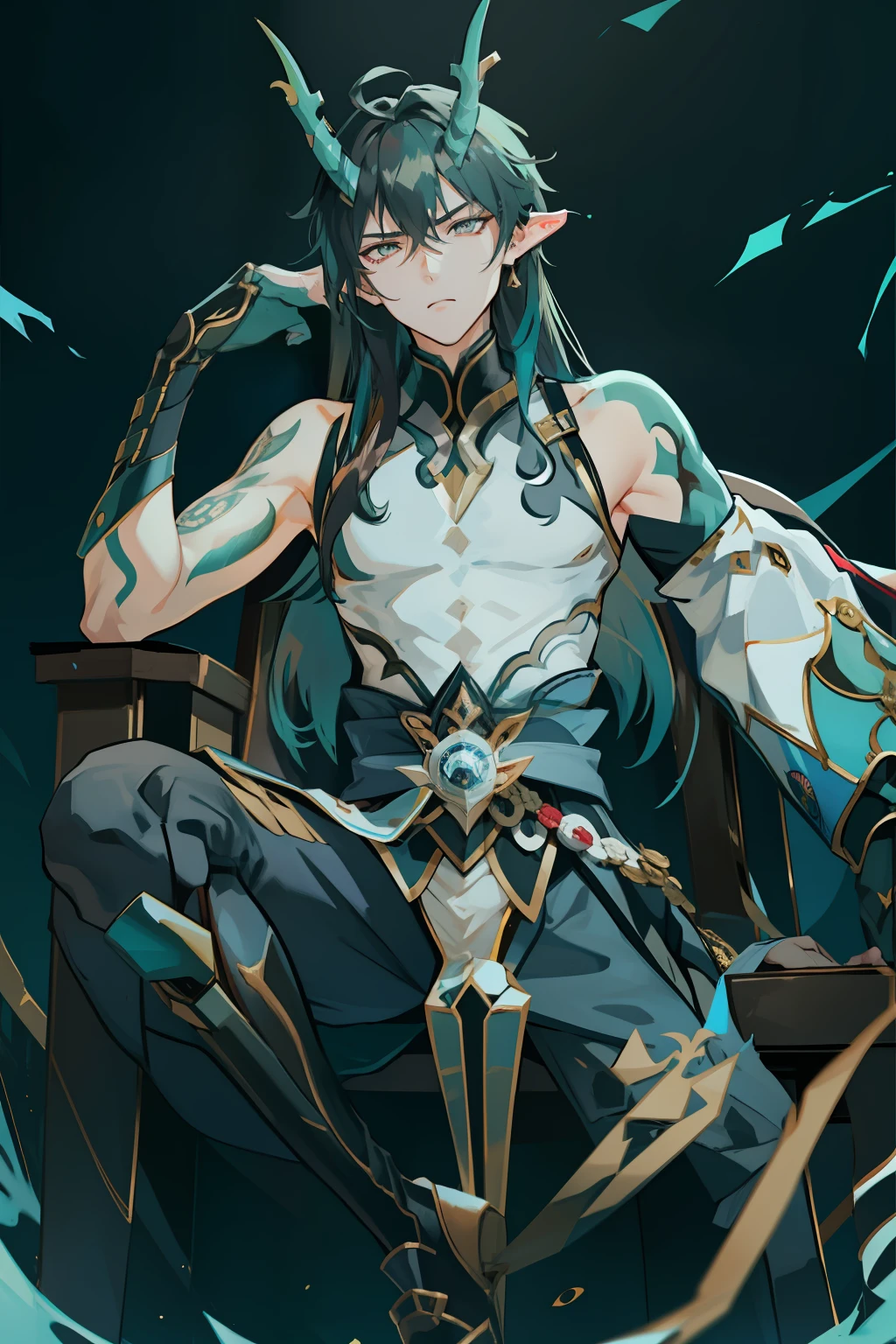 (absurderes,A high resolution,Hyper-detailing,hdr),Dragon's horn,younge boy,tmasterpiece,best qualtiy,1人,独奏,Handsome,Golden eyes,Fine eyes and detailed face,toppless,Tattooed with,arma,seated on a throne,pervert smirk,Abs,chest muscle,Raised sexy,Ruffian,Show your temperament,Male,masculine appeal,Male characteristics are distinct,Long messy hair,Arrogant self-confidence,Sitting majestically on the throne,Legs crossed,white pantie,supreme,Close your eyes and think,Lazy