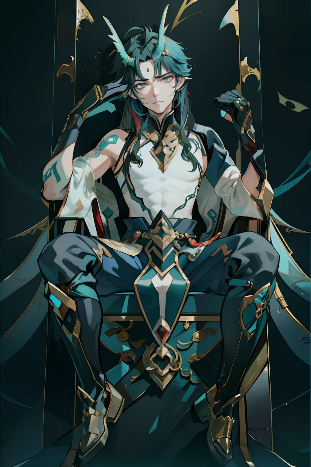 (absurderes,A high resolution,Hyper-detailing,hdr),Dragon's horn,younge boy,tmasterpiece,best qualtiy,1人,独奏,Handsome,Golden eyes,Fine eyes and detailed face,toppless,Tattooed with,arma,seated on a throne,Indifferent and arrogant,Abs,chest muscle,Raised sexy,Ruffian,Show your temperament,Male,masculine appeal,Male characteristics are distinct,Long messy hair,Arrogant,self-assured,Sitting majestically on the throne,Pondering,Legs crossed,white pantie,supreme,Lazy,Handsome,