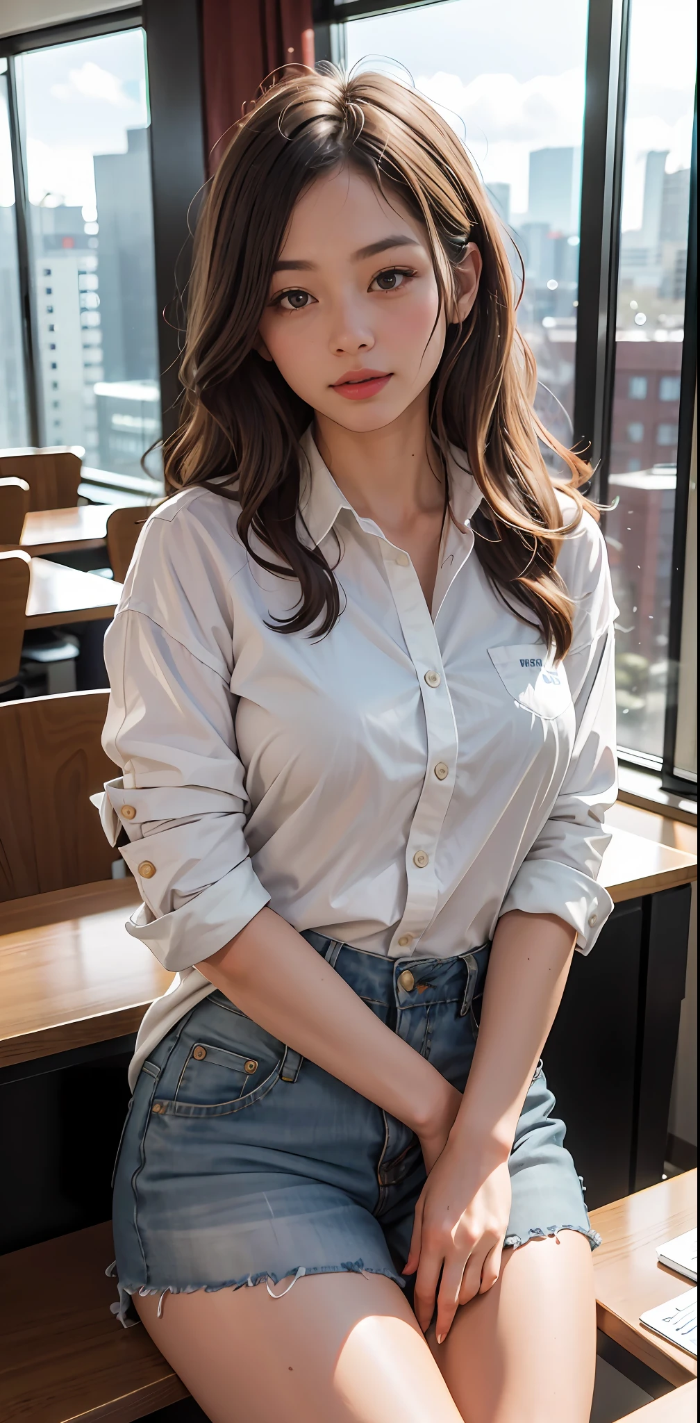 - [ ] Photorealistic:1.37, Masterpiece, Best quality, RAW photo, absurderes, hyper HD, 1girll, Wavy hair, Brown hair, Seductive , view the viewer, In a large conference room in the office of the Tokyo Tower Office Building ,Tokyo Tower,intricately details, Detailed background, Detailed skin, pores, A high resolution, hdr , Introduced to ten people , Beautiful model, Soft light hits the face,jpn_Models,Open white shirt uniform , middlebreast, A 30-year-old woman sits on a table with her legs spread , No shorts or panties, with no underpants, Pubic hair is clearly visible,  Fundo,