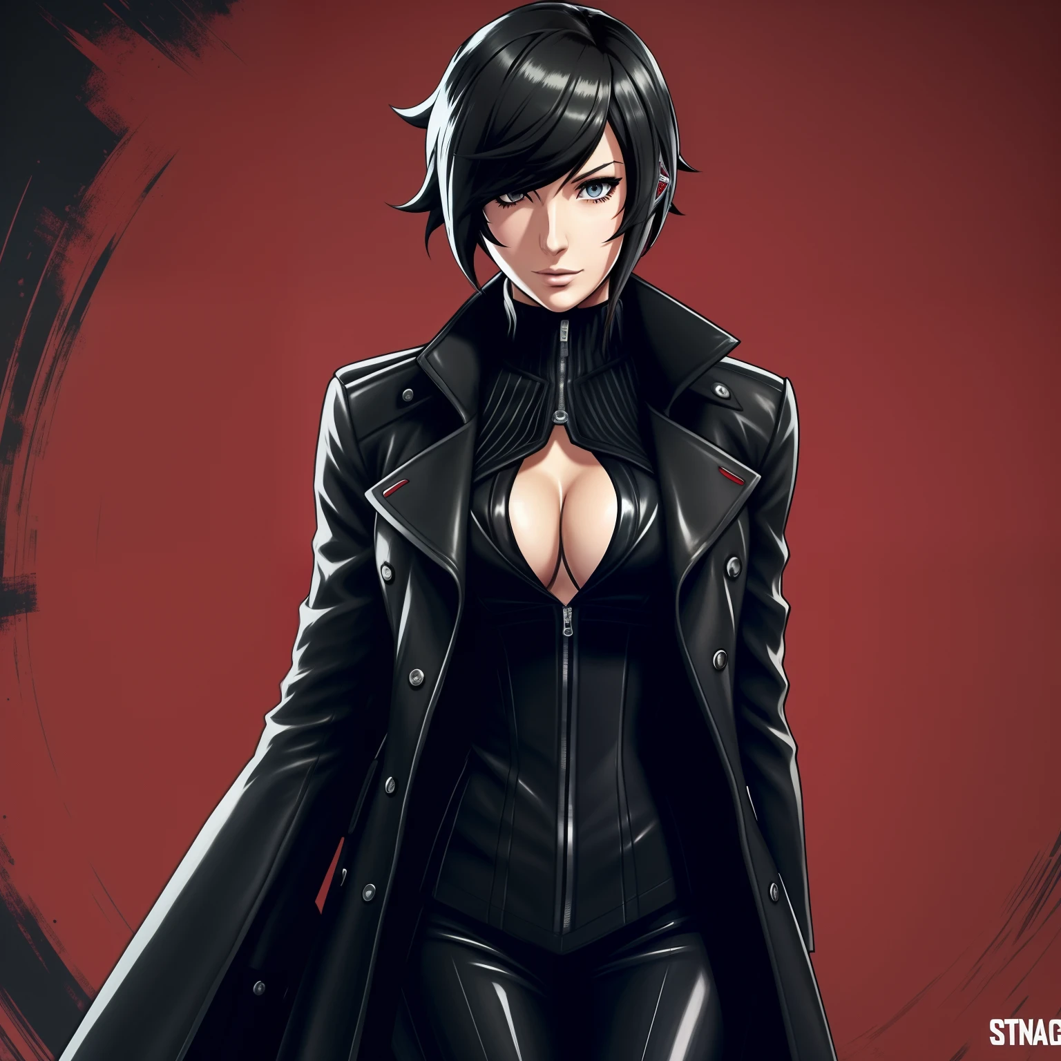 Detailed picture of Lindsey Strutt, in the style of Persona 5, art, fully clothed, solo, alone, phantom thieves, long black coat, sexy, alluring