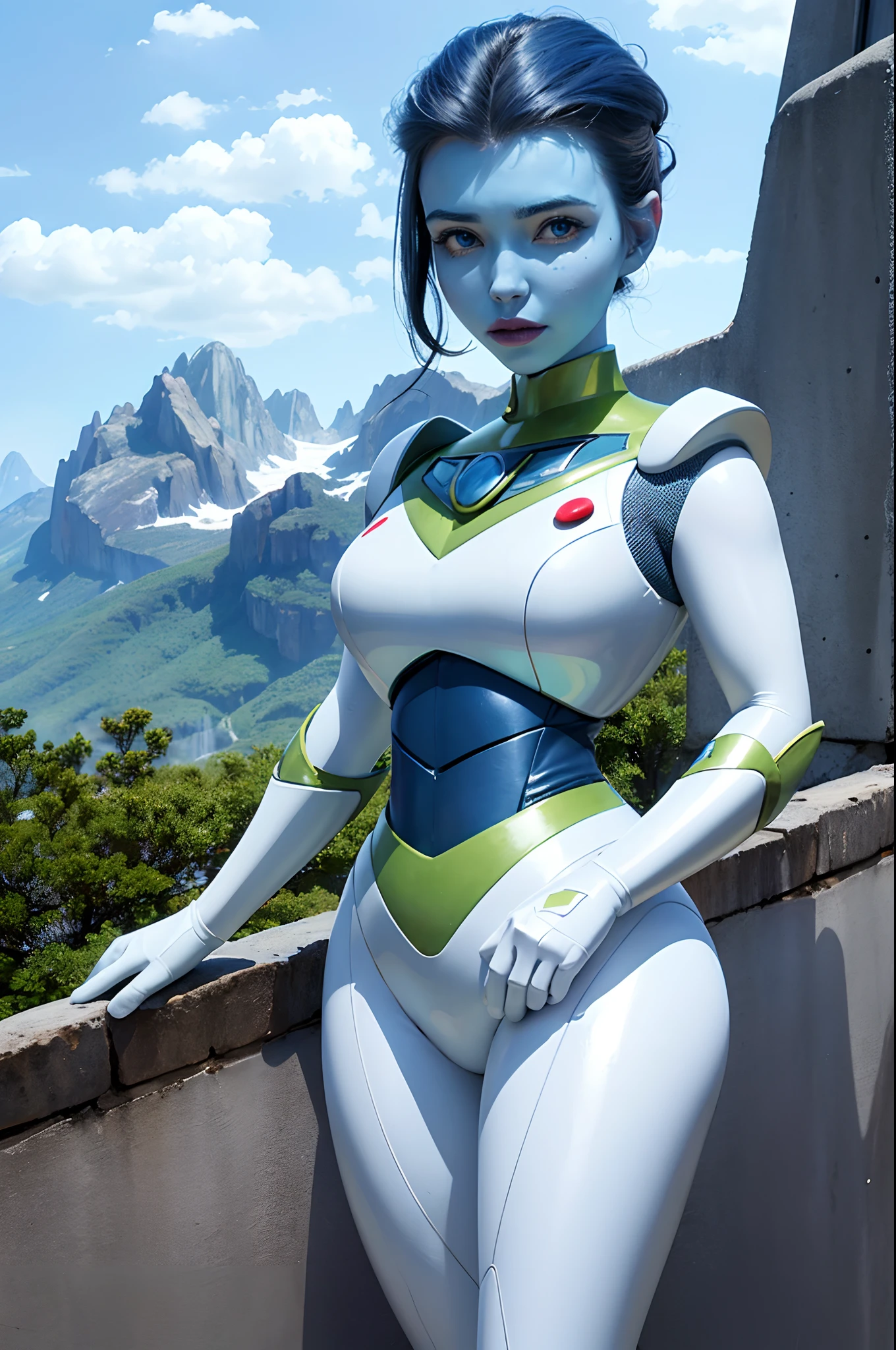 (Masterpiece, Best quality:1.1), (Milanova:1.05), 1girll, Solo, Spacesuit, Blue skin, Looking down, Outdoors, Alien planet, Extraterrestrial life, Landscapes, atmosphere,