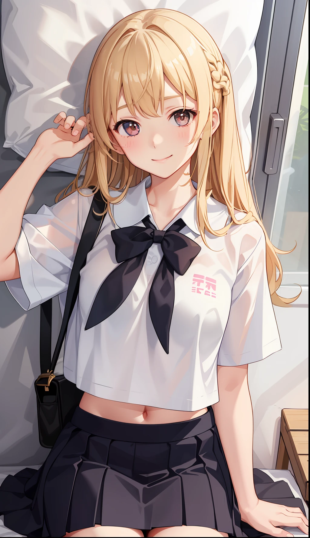 1girl in、A smile、The shirt、skirt by the、(small tits)Chilarism、Japan High School Student Uniform、serafuku、summer clothing、(Sheer Bra)、Upper body portrait、blonde hair、s asleep、Sleeping in large letters、