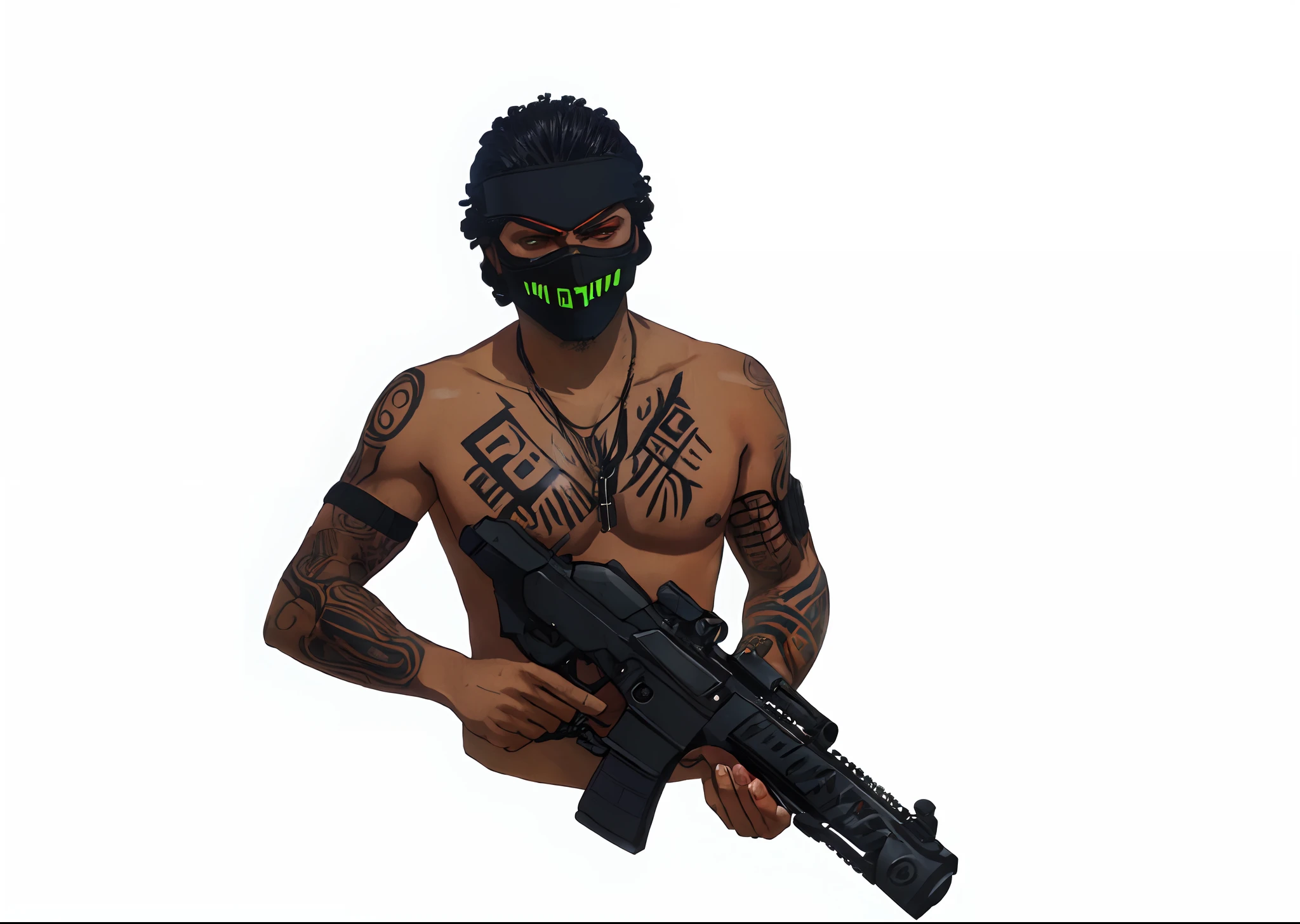 Man with a mask holding a gun and a mask, Cyberpunk Rua Goon, segurando um mp7, avatar da parte superior do corpo, Segurando PDW, pele : tjalf sparnaay, Smg, pele negra breu, halfbody headshot, breu pele negra, pele de claridade, gta personagem, Imagem do jogo, pele branca assustadora, empunhando fuzil de assalto