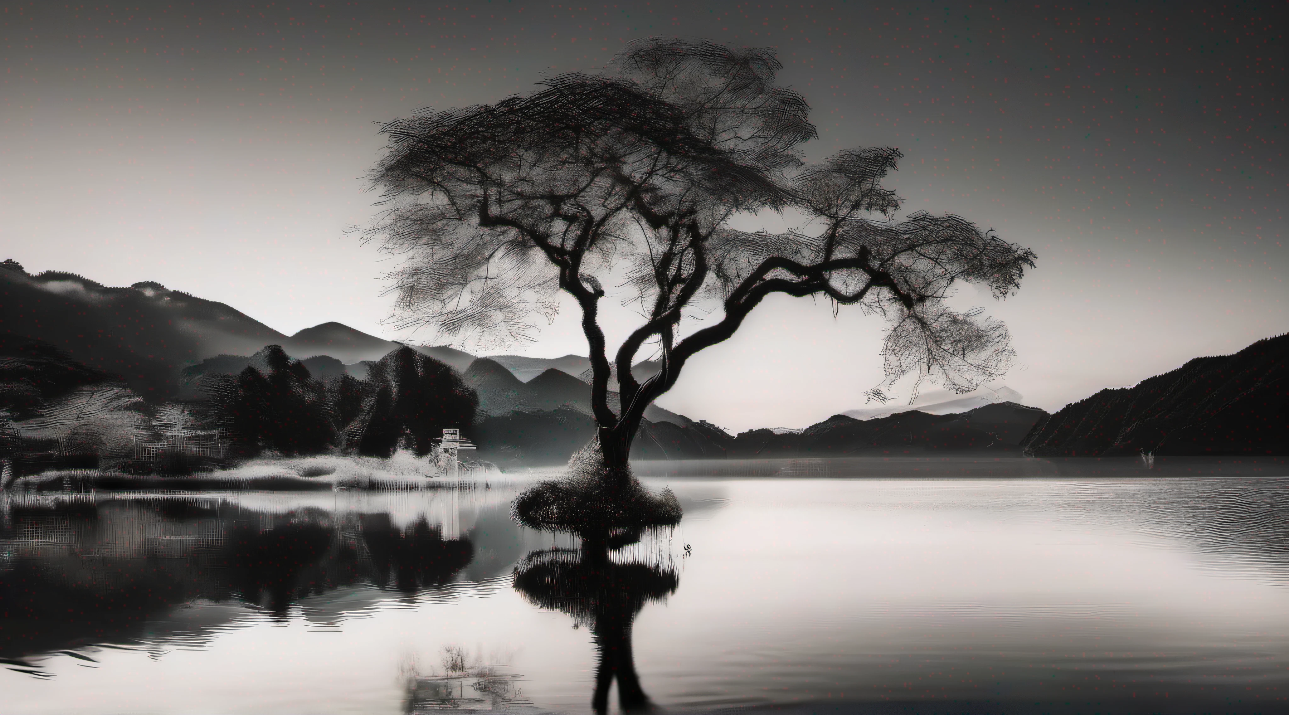 Imagine a tranquil lake landscape。A small island floats in the center of the lake、An old tree stands on the island。The tree is located slightly to the left of the center of the island.、The surface of the water is smooth as a mirror、The shadow of the tree is reflected in the lake。This scene is rendered in monochrome、Emphasizes the tranquility and beauty of the lake。The composition of the image is、The lower half is a lake、Position the top half so that it is empty。This photo is in an ultra-realistic style、Must be captured in 16k high resolution。Canon EOS 5D Mark IV DSLRカメラとEF 50mm f/1.8 Use STM lenses。The setting: Resolution 30.4 megapixels、ISO sensit: 100、a shutter speed of 1/125 sec。Lighting is soft、Enhances the reflection of the water surface。--ar 16:9 --v 5.1 --style raw --q 2 --s 750