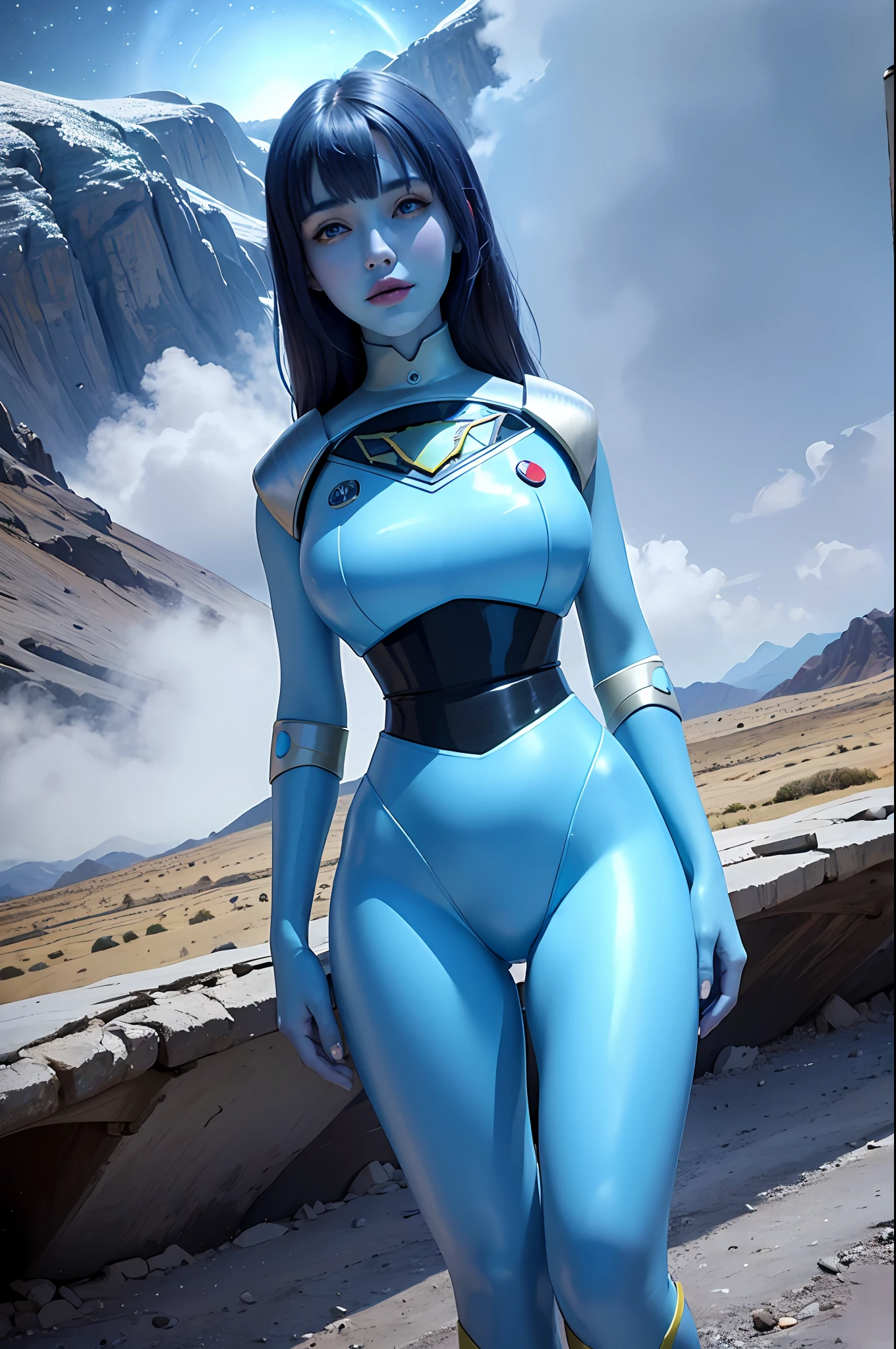 (Masterpiece, Best quality:1.1), (Milanova:1.05), 1girll, Solo, Spacesuit, Blue skin, Looking down, Outdoors, Alien planet, Extraterrestrial life, Landscapes, atmosphere,