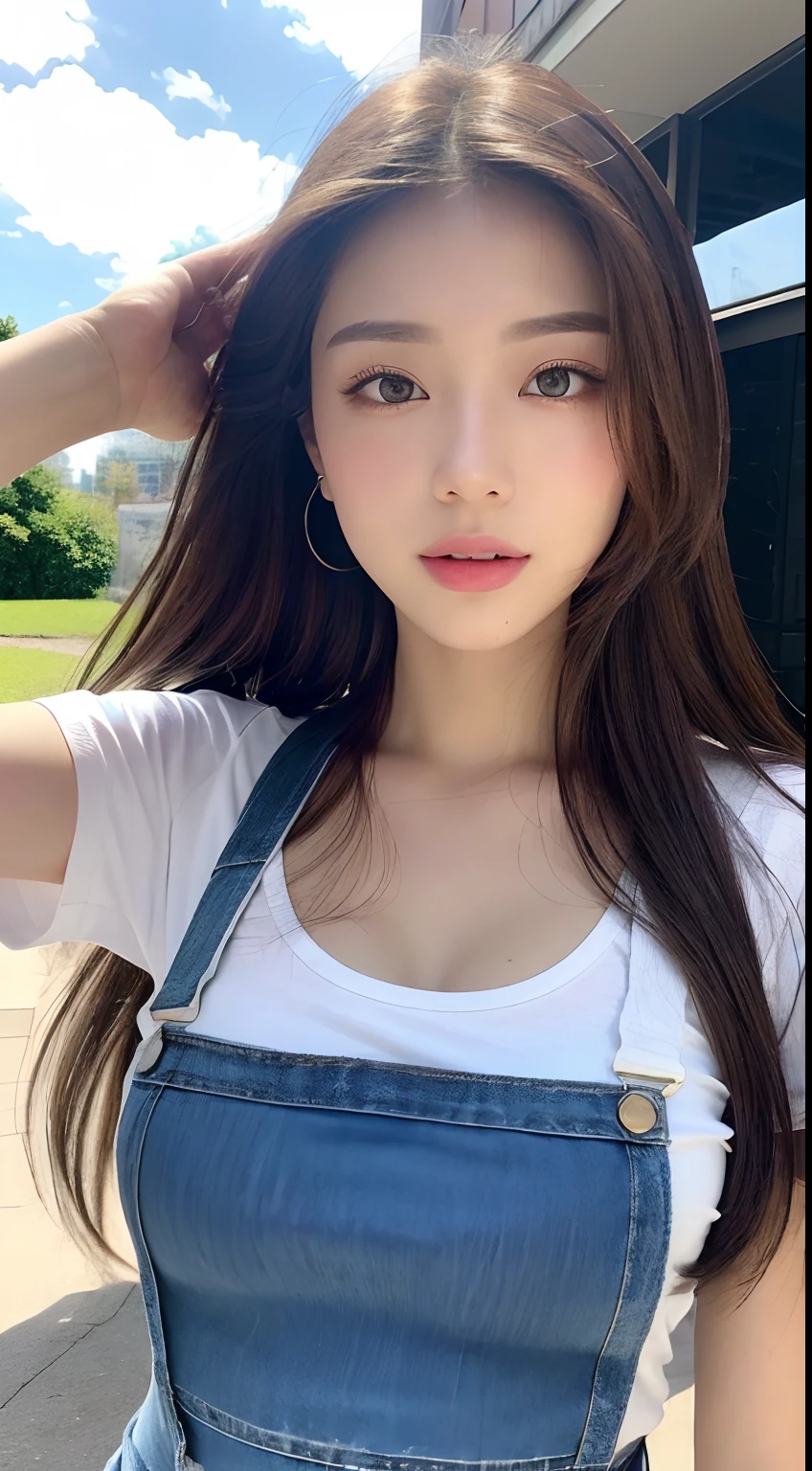 (Daytime, Excellent, 8K, Masterpiece:1.3)), Full body, Long legs, Focal length: 1.2, Perfect Body Beauty: 1.4, Slim Abs: 1.1, ((Dark Brown Hair, Big Breasts: 1.2 )), (White Skinny T-shirt, Denim Suspenders, Standing: 1.2), ((City, Blue Sky and White Clouds: 1.3)), Highly detailed face and skin texture, Detailed eyes, Double eyelids, Flying long hair