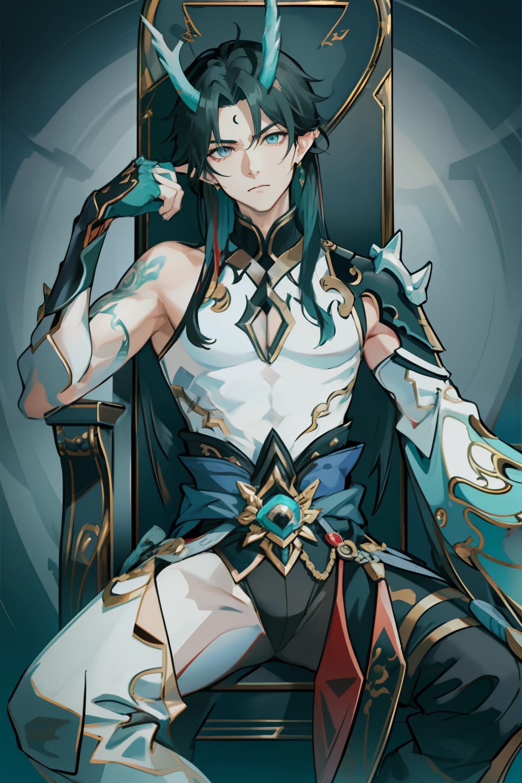 (absurderes,A high resolution,Hyper-detailing,hdr),Dragon's horn,younge boy,tmasterpiece,best qualtiy,1人,独奏,Handsome,Golden eyes,Fine eyes and detailed face,toppless,Tattooed with,arma,seated on a throne,Indifferent and arrogant,Abs,chest muscle,Raised sexy,Ruffian,Show your temperament,Male,masculine appeal,Male characteristics are distinct,Long messy hair,Arrogant,self-assured,Sitting majestically on the throne,Legs crossed,white pantie,supreme,Lazy,Handsome,