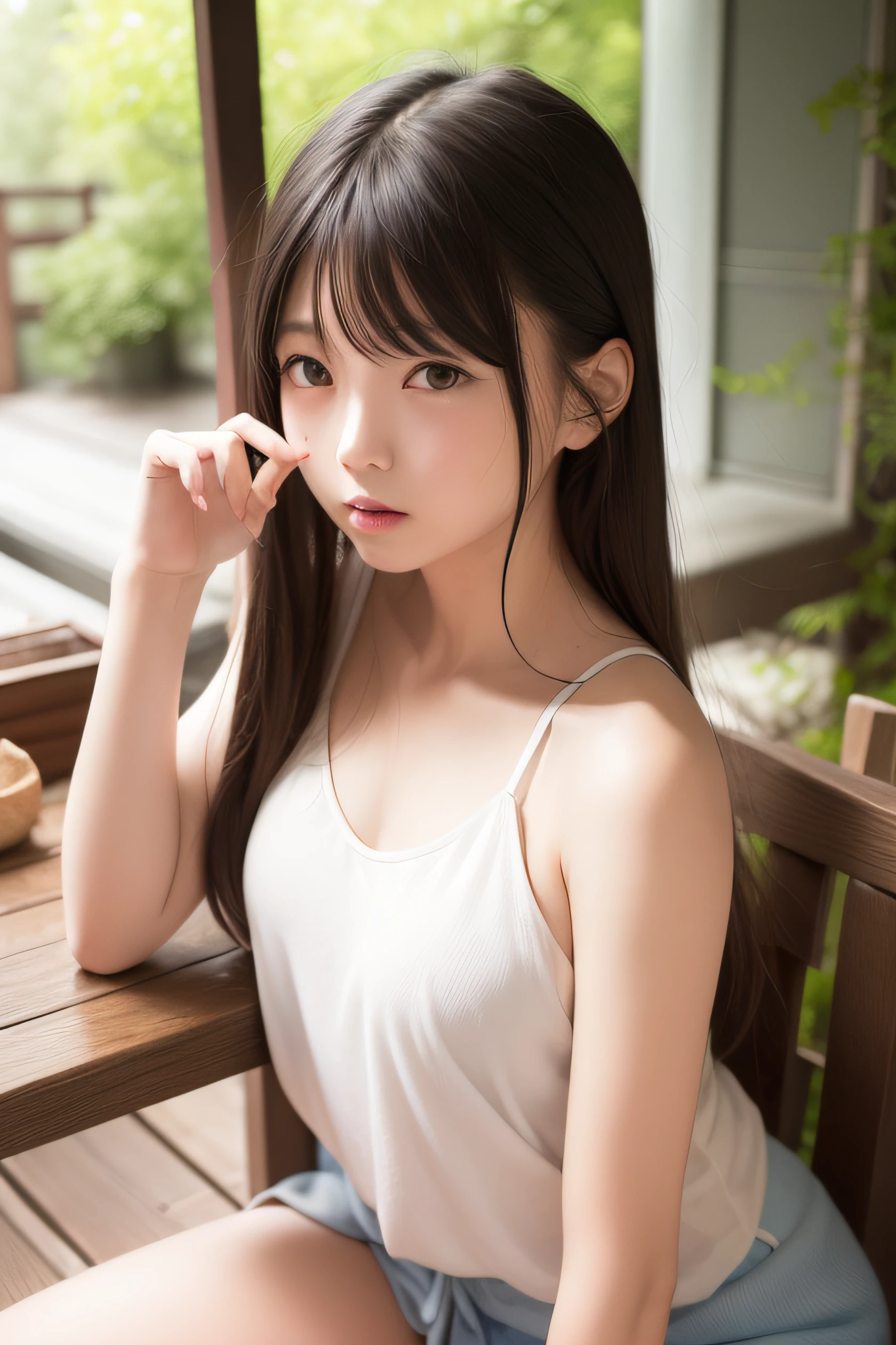 top-quality, masterpiece, 1girl in, The upper part of the body, Japan girl with very long hair and white tank top, (((Very young cute 1 Japan face))),