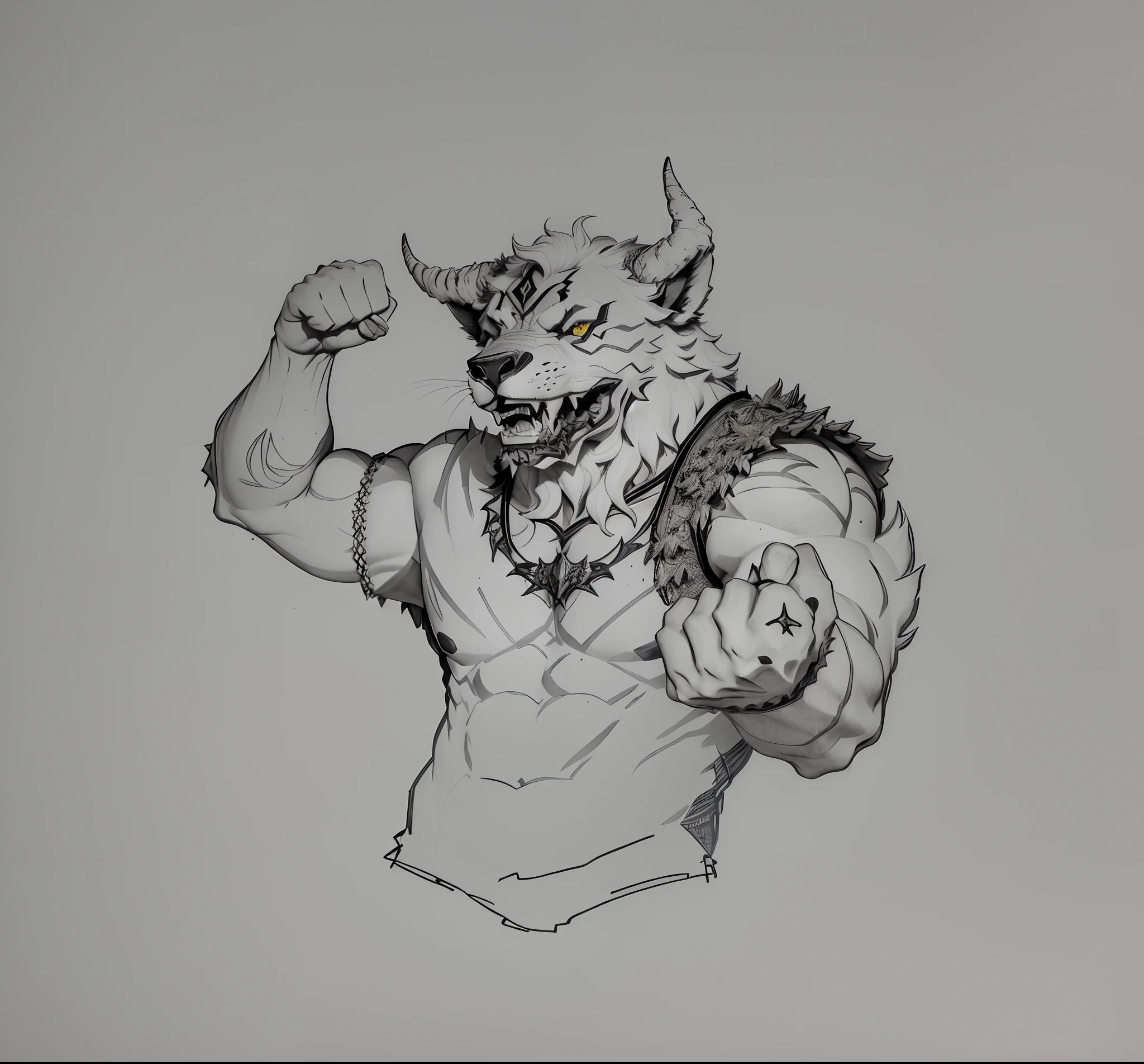 Realistic photo of a man with a horned head and a fist, pose assustadora e raivosa, lobisomem musculoso,  and what rough beast, um lobo minotauro, lobisomem sexy moral alta raiva , Tinta colorida, super realista em 3d fundo colorido, Personagem estilo de valorant, realista, Blusa Vermelha, olhos amarelos