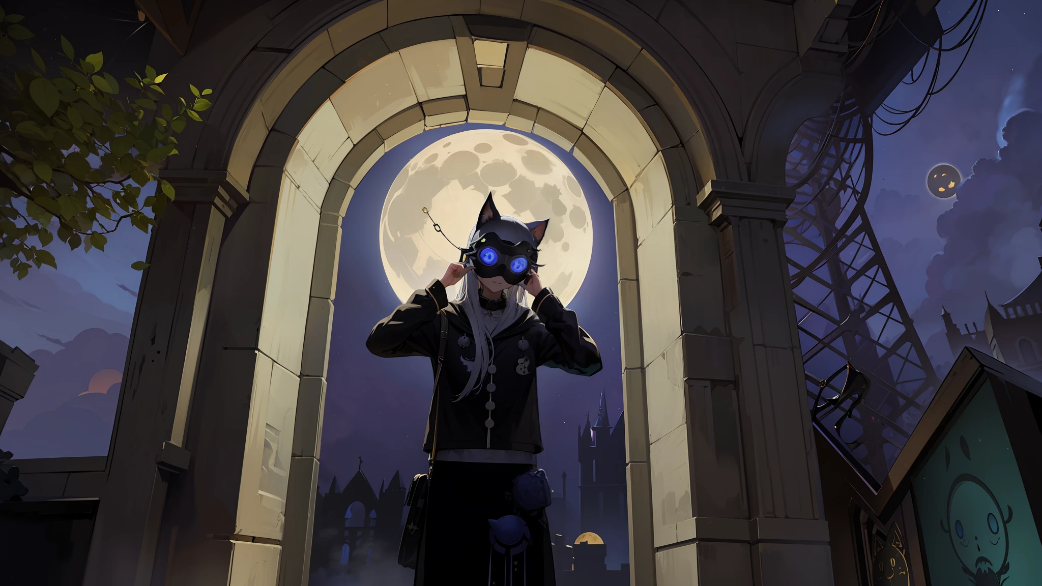 there is a man in a cat mask standing in a doorway, vrchat, lunar themed attire, in front of a big moon, inside her surreal vr castle, in front of the moon, in front of a full moon, spellcasting pose, moon behind him, in the middle of round ruins, in the moon, blue moon ray tracing, moonlit