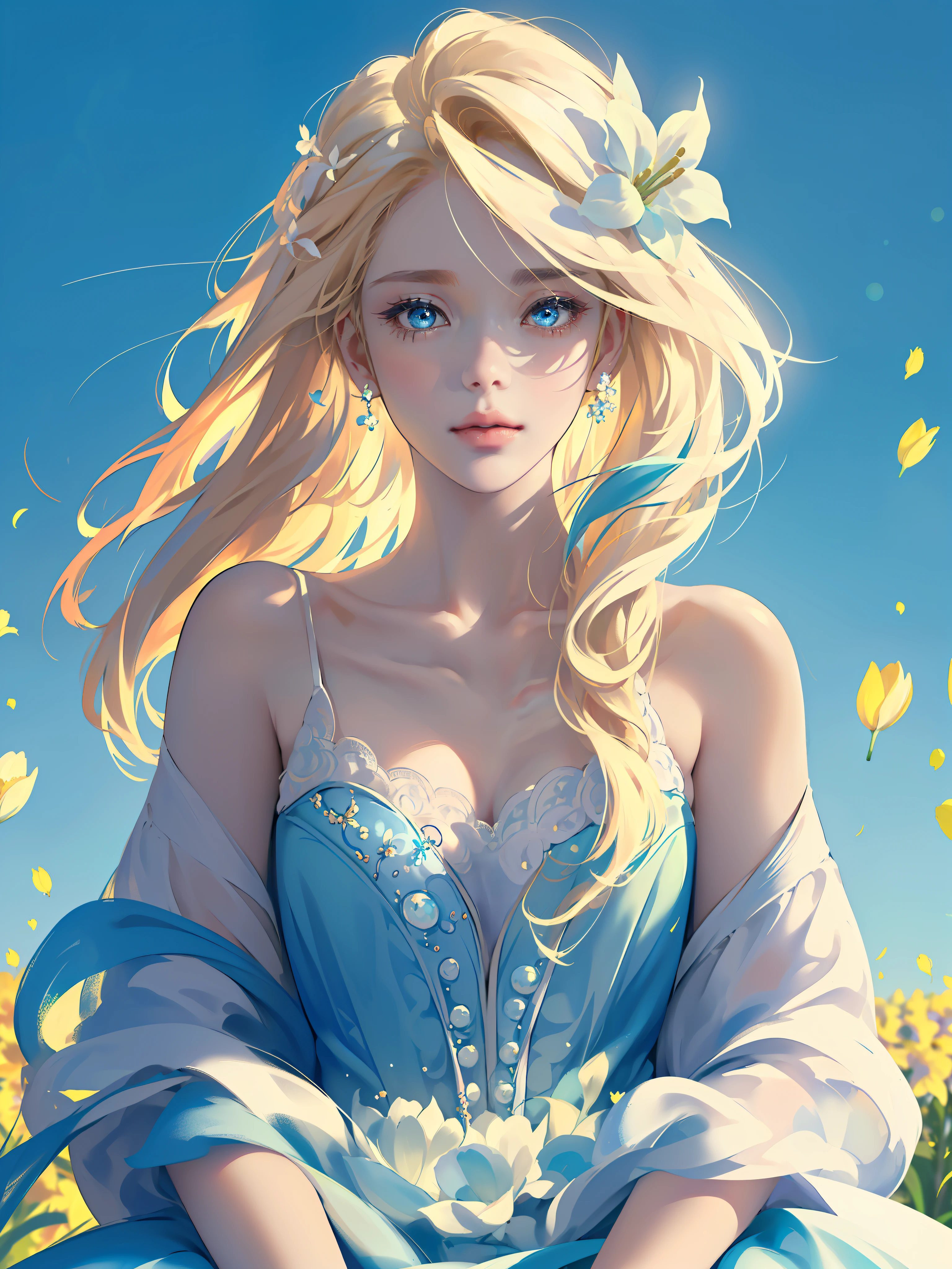 (((Masterpiece)), high quality, super detailed, blonde hair + blue clothing: 1.2, sweet and delicate girl, delicate facial features, perfect figure, bubbles around, bright bright colors, pearl white background, romantic long hair, natural light, warm and sweet, blue eyes, flower hair decoration.