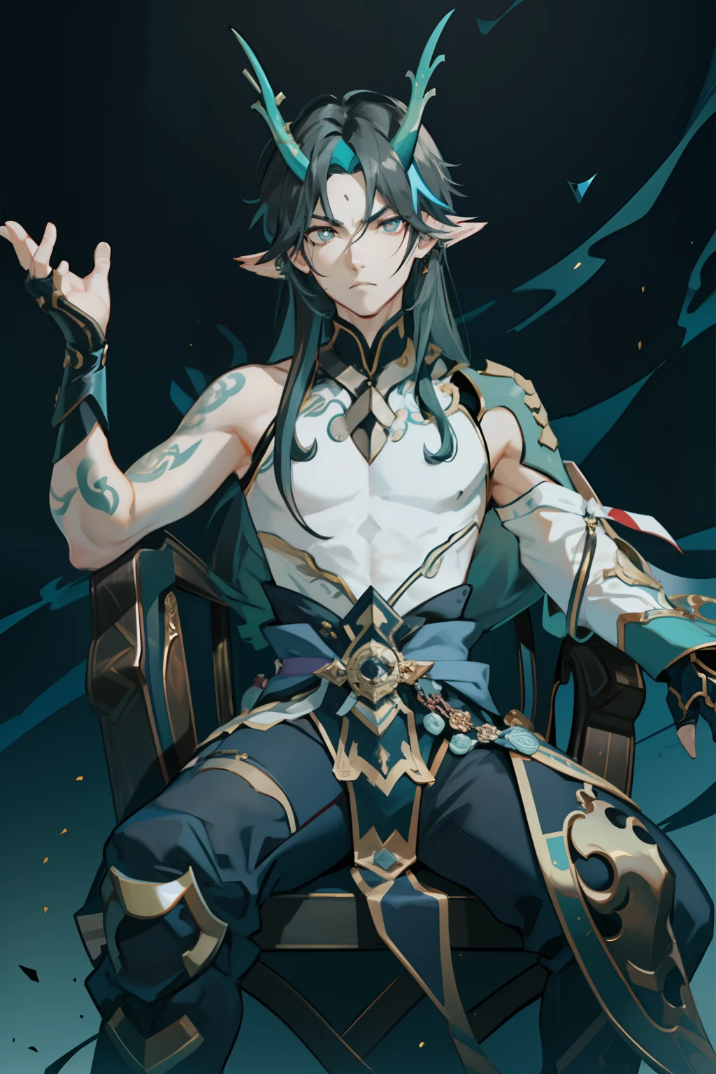 （absurderes，A high resolution，Hyper-detailing，hdr），Dragon's horn，younge boy，tmasterpiece，best qualtiy，1人，独奏，Handsome，Golden eyes，Fine eyes and detailed face，toppless，Tattooed with，arma，seated on a throne，Indifferent and arrogant，Abs，chest muscle，Raised sexy，Ruffian，Show your temperament，Male，masculine appeal，Male characteristics are distinct，Long messy hair，Arrogant，self-assured，Sitting majestically on the throne，Pondering，Legs crossed，white pantie，supreme，Lazy，Handsome，